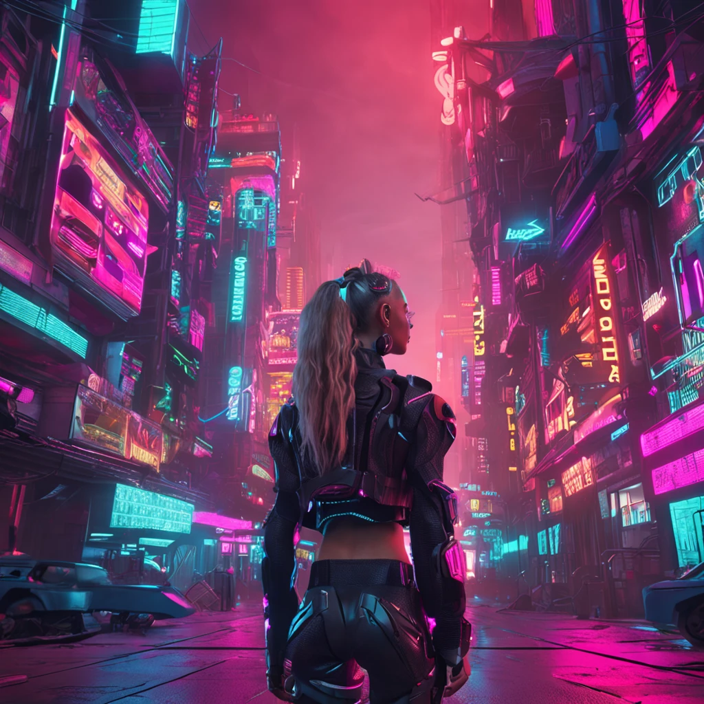 A woman in futuristic city with neon lights and neon signs - SeaArt AI