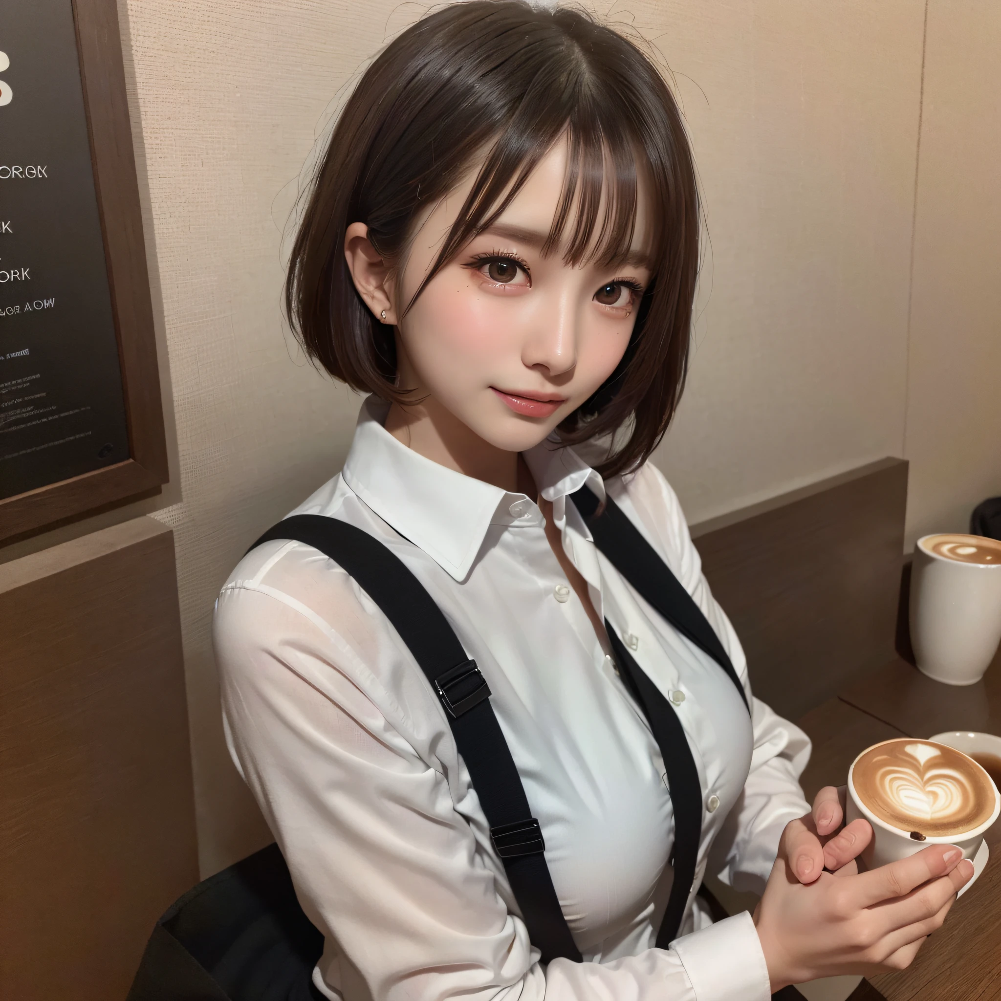 (Background, coffee shop):1.3, (high shadows detail), (short hair, dark brown hair), best quality, masterpiece, ultra high res, (photorealistic:1.3), RAW photo, (1woman:1.3, solo), (cute girl), (asian girl, ultra delicate face, ultra delicate eyes, ultra detailed nose, ultra detailed mouth, ultra detailed facial features), BREAK (White collared shirt, Black skinny pants:1.3), (medium breast:1.3), from the front side, (shiny skin), Show cleavage, pan focus, laugh