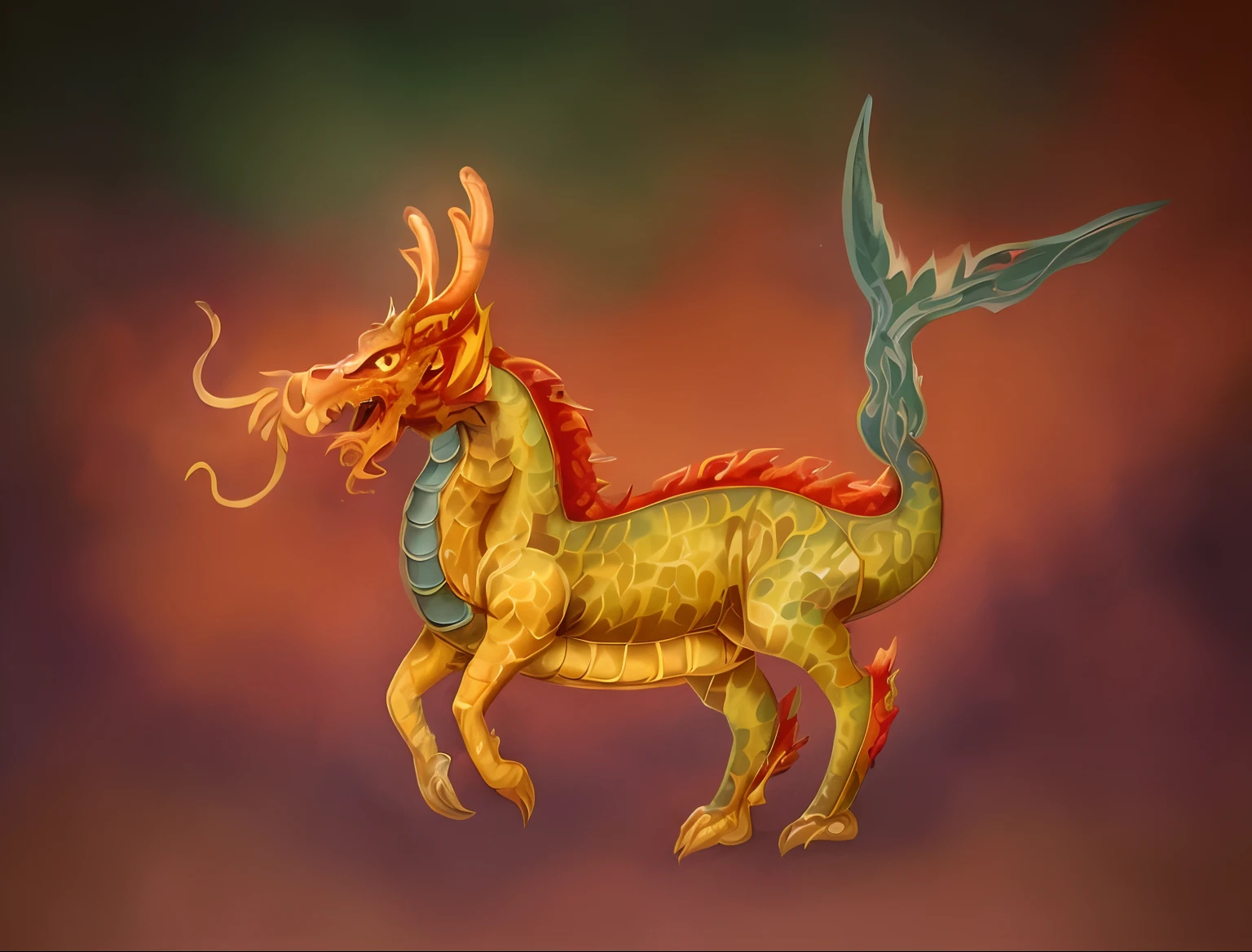 Painting of a dragon with a long tail and tail, a dragon, Mythical creatures, Mythical Creatures, Dragon Horned Curve!, anthropomorphic dragon, Chinese dragon, as an anthropomorphic dragon, Color painting, smooth chinese dragon, chinese dragon concept art, but as an anthropomorphic dragon, dragon art, Dragon with scars