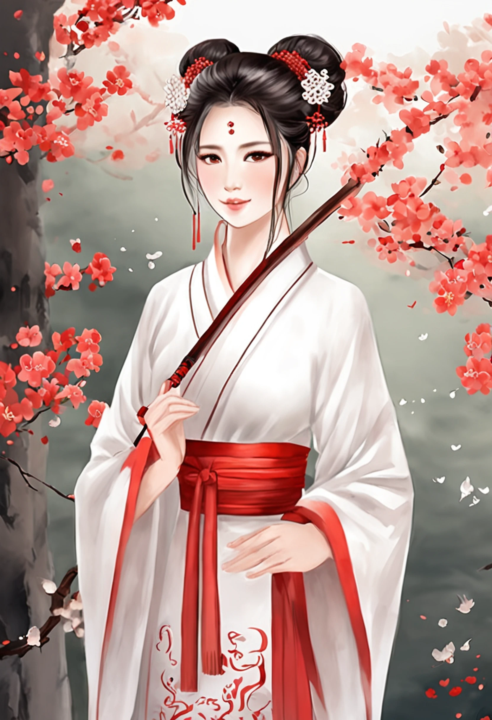 Uma bela menina chinesa fica alta com Hanfu, ao lado de uma graciosa raposa branca de nove caudas. Realistic, The low-angle shot, juntamente com os tons vermelhos claros e brancos usados. The girl exudes confidence and strength, while the fox emanates an aura of enchantment and mystery.