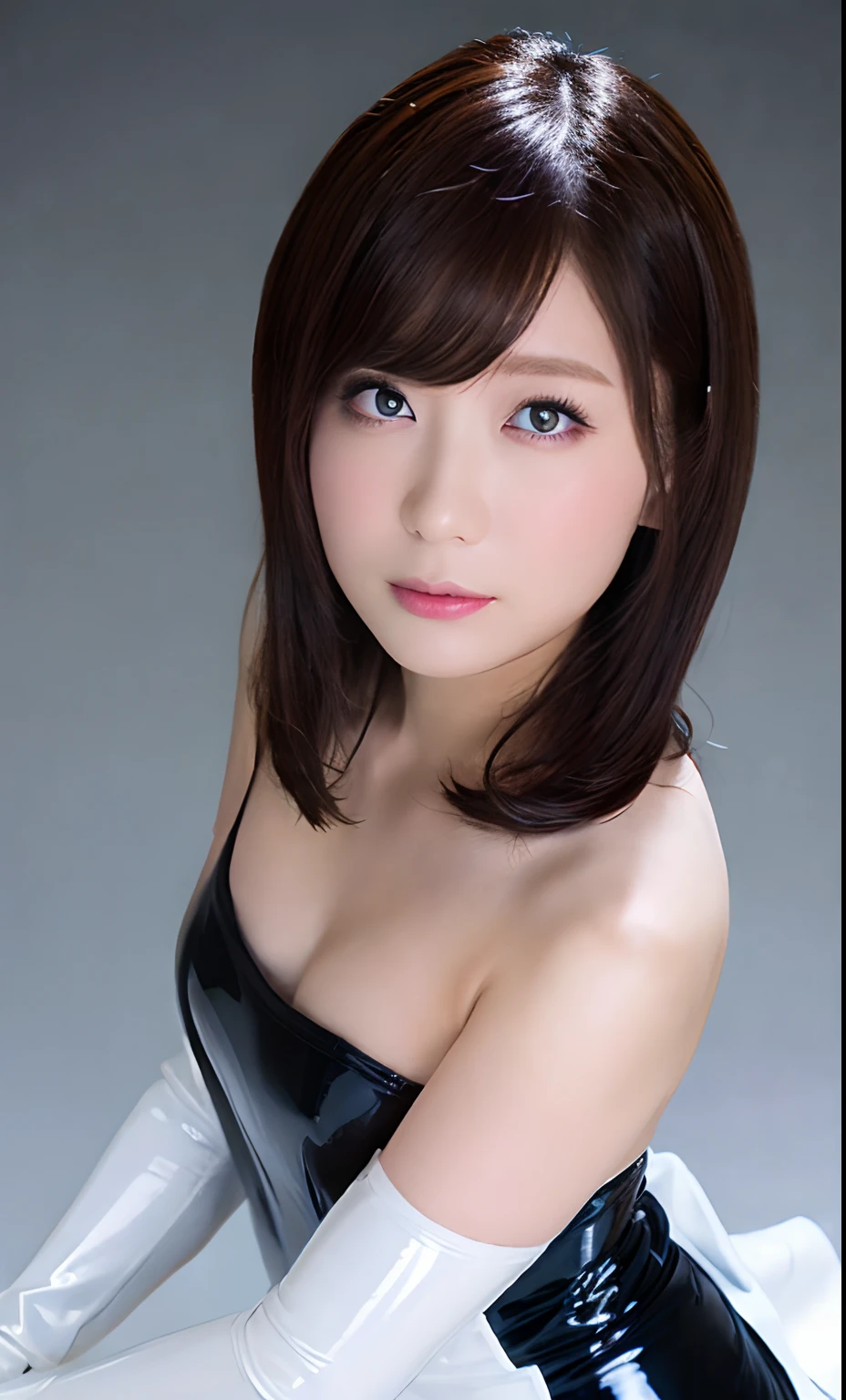 masutepiece, Best Quality, Illustration, Ultra-detailed, finely detail, high resolution, 8K Wallpaper, Perfect dynamic composition, 1 beautiful girl, pointing at the viewer, ((close up:1.3, from above, looking at viewer)), Beautiful detailed eyes, (wearing Latex Costume, Latex gloves, black short bob-hair, color base on white black blue shine red),