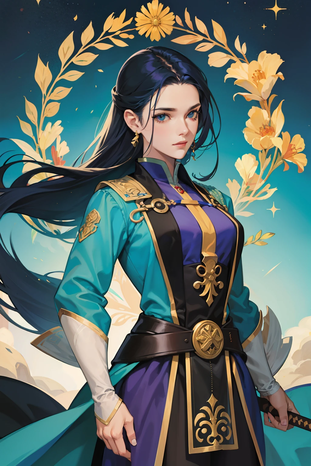arte rica em detalhes,1mulher,protagonista,Imperador imortal Fei Fei,cabelos longos,cor escuro,olhos azul turquesa,usando vestes antigas femininas Xanxia.bonita,mulher determinada,voluptuosa,roupa verde com detalhes negros,olhar arrogante,seios grandes,corpo inteiro,standing holding a martial sword near the posts of the nine Heavens temple.