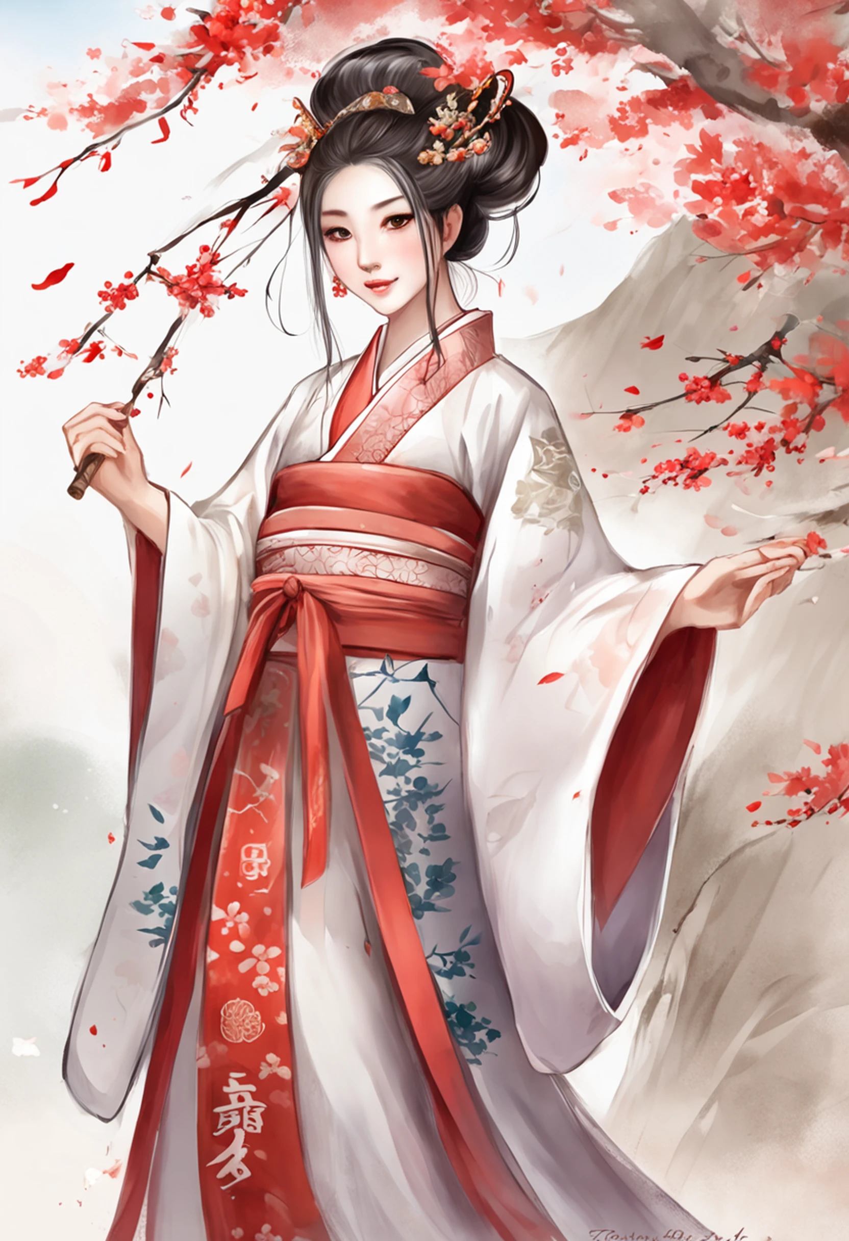 Uma bela chinesa fica alta com Hanfu, ao lado de uma graciosa raposa branca de nove caudas. Realistic, The low-angle shot, juntamente com os tons vermelhos claros e brancos usados. The girl exudes confidence and strength, while the fox emanates an aura of enchantment and mystery.