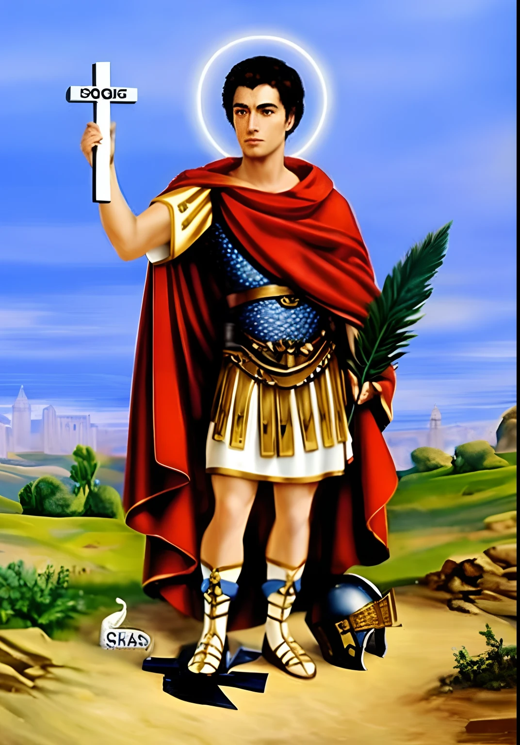 uma pintura de um homem de armadura segurando uma cruz, orthodox saint christopher, por Pogus Caesar, saint of the pit, roman catholic icon, Arcanjo Miguel, christian saint, Santo ortodoxo, Directed by: Juan O'Gorman, saint michael the angel, Elon Musk como um deus grego, santo, NPC com um santo\halo do, homem de santo, O Deus Hermes
