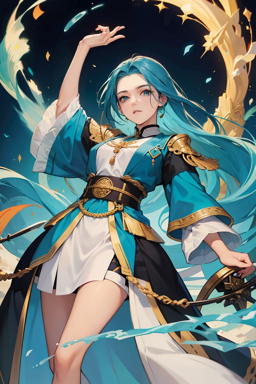 arte rica em detalhes,1mulher,protagonista,Imperador imortal Fei Fei,cabelos longos,cor escuro,olhos azul turquesa,usando vestes antigas femininas Xanxia.bonita,mulher determinada,voluptuosa,roupa verde com detalhes negros,olhar arrogante,seios grandes,corpo inteiro,standing holding a martial sword near the posts of the nine Heavens temple.