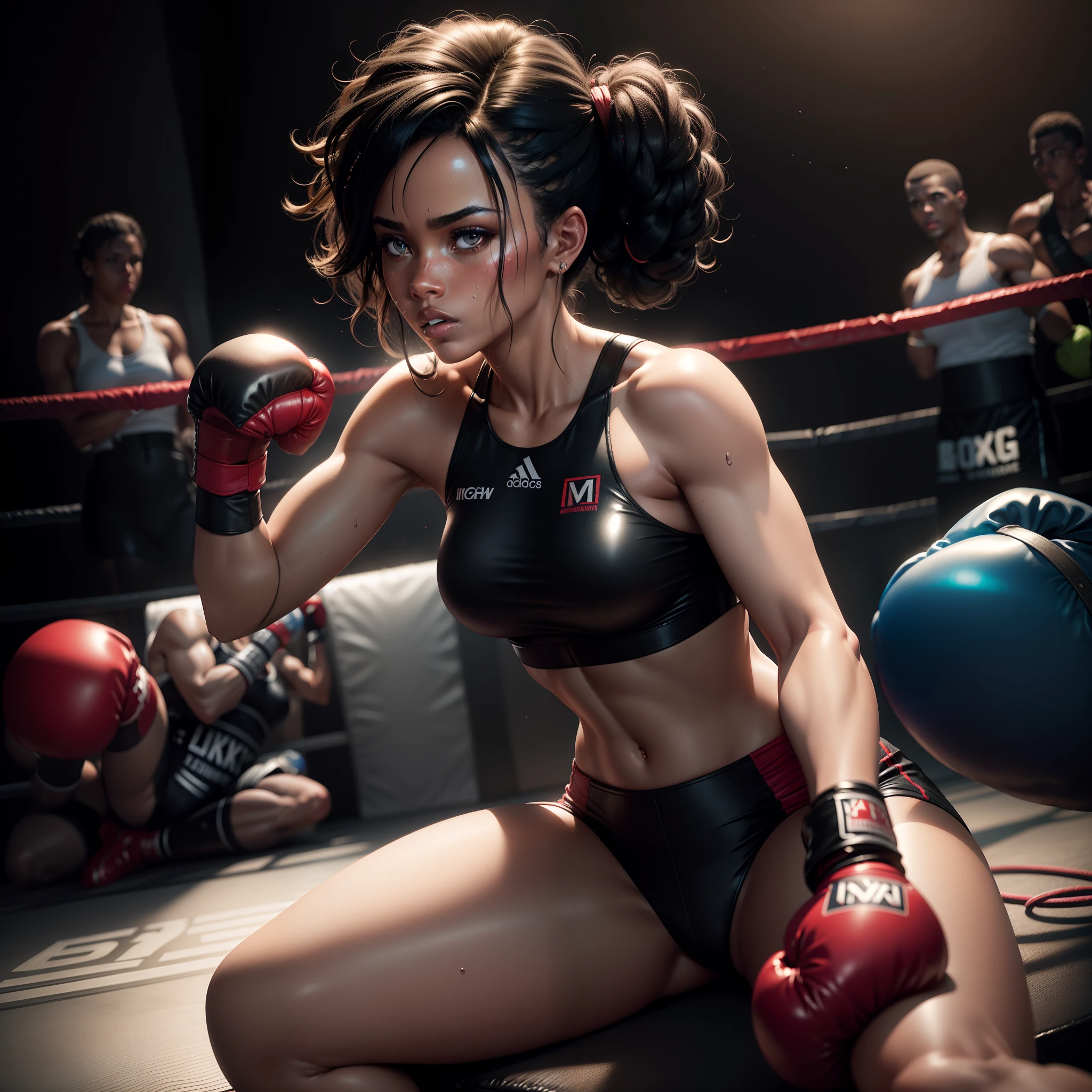 Beautiful sweating Black woman wearing boxing gloves and sitting in the red corner of the boxing ring, black and white scene with colour on the woman, with iridescent light, highly detailed images, vibrant beautiful colours, photorealistic image, 8k, ultra HD, unreal engine rendered, cinematic lighting, artgerm style,