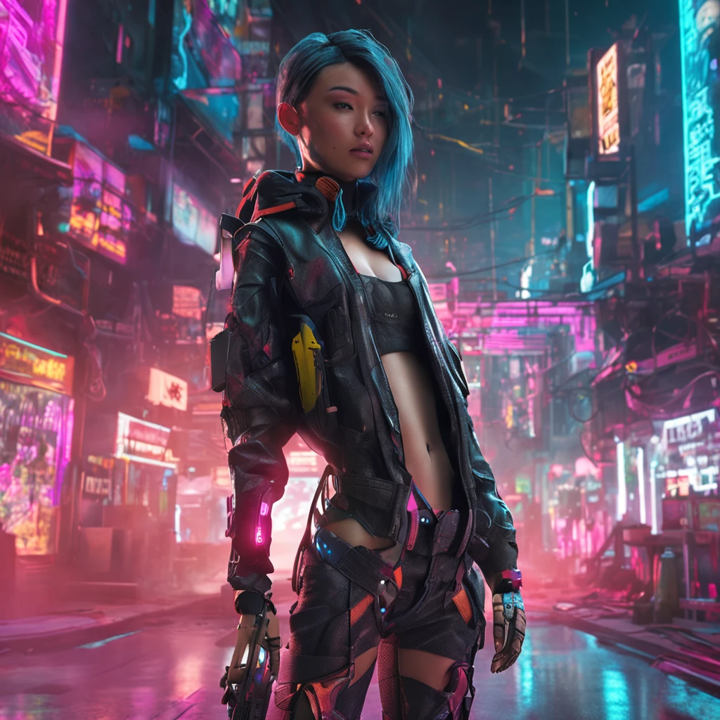 1girl, Faye Valentine, Cowboy Bebop, bob cut, solo, big breasts, green eyes, purple hair, hairband, cbbebop, cbbebop spaceship, (best quality, realistic), futuristic cityscape, neon lights, bounty hunter, space western, intense action, femme fatale, dynamic pose, jazz music, smoke, cigarettes, leather jacket, gun, yellow background, confident expression, stylish outfit, mysterious atmosphere, cyberpunk, sci-fi noir.