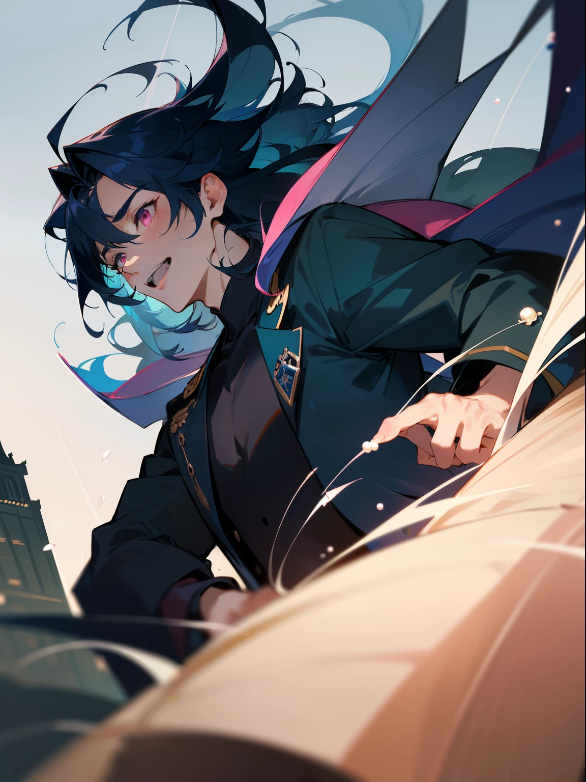 Ultra Detail,Haig Quality,sketch,1boy,matured male,Beautiful face,(Navy blue hair,Outer hair:1.3),Handsome men,Pearl skin,black tshirt,Moss Green Mod Coat,Dynamic Angle,Japan Anime,Pink eyes,Laugh,Like a cat's eye,city,male in his 20s,Angle looking up from below