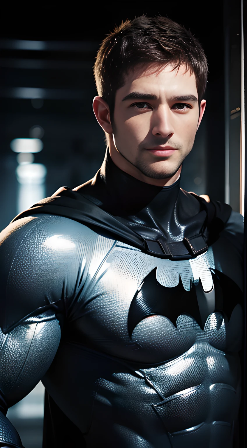 ((Men only)), (head shot), (handsome muscular man in his 20s), (batman), (Chris Redfield), (Mischievous smile), (detaile: 1 in 1), Natural muscles, HIG quality, beautidful eyes, (Detailed face and eyes), (Face、: 1 / 2), Noise, Real Photographics、... .................................................................................................................PSD, Sharp Focus, High resolution 8K, realisitic & Professional Photography, 8K UHD, Soft lighting, High quality, Film grain, FujifilmXT3