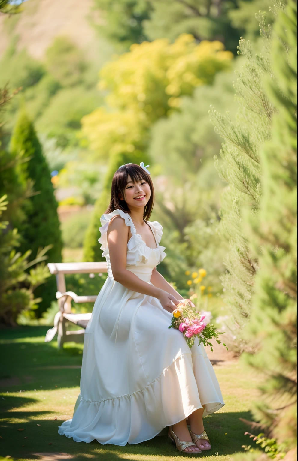 Ai Hoshino from (oshi no ko) medium ,slim body, wearing a wedding dress, beautiful calm smile, cleavage,high heels, beautiful flower garden background, raining, sitting on the bench, while looking at the viewer with a beautiful smile