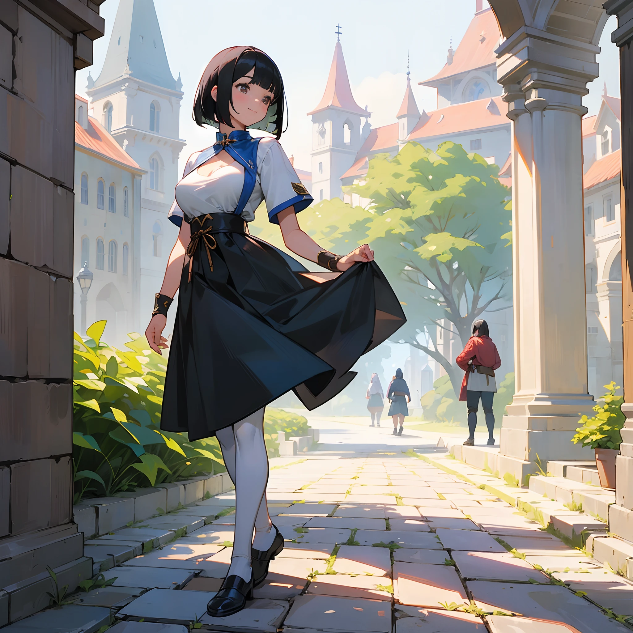 With the best image quality、Teenage girl standing alone outdoors。In high resolution、Beautiful fine details、tranquil atmosphere。((Black Hair Bob Hair))、Cute smile。(((breasts are large)))、I don't have anything in my hands、realistic hand、Medieval European national costume with short sleeves、Medieval European Streets、Leather shoes。