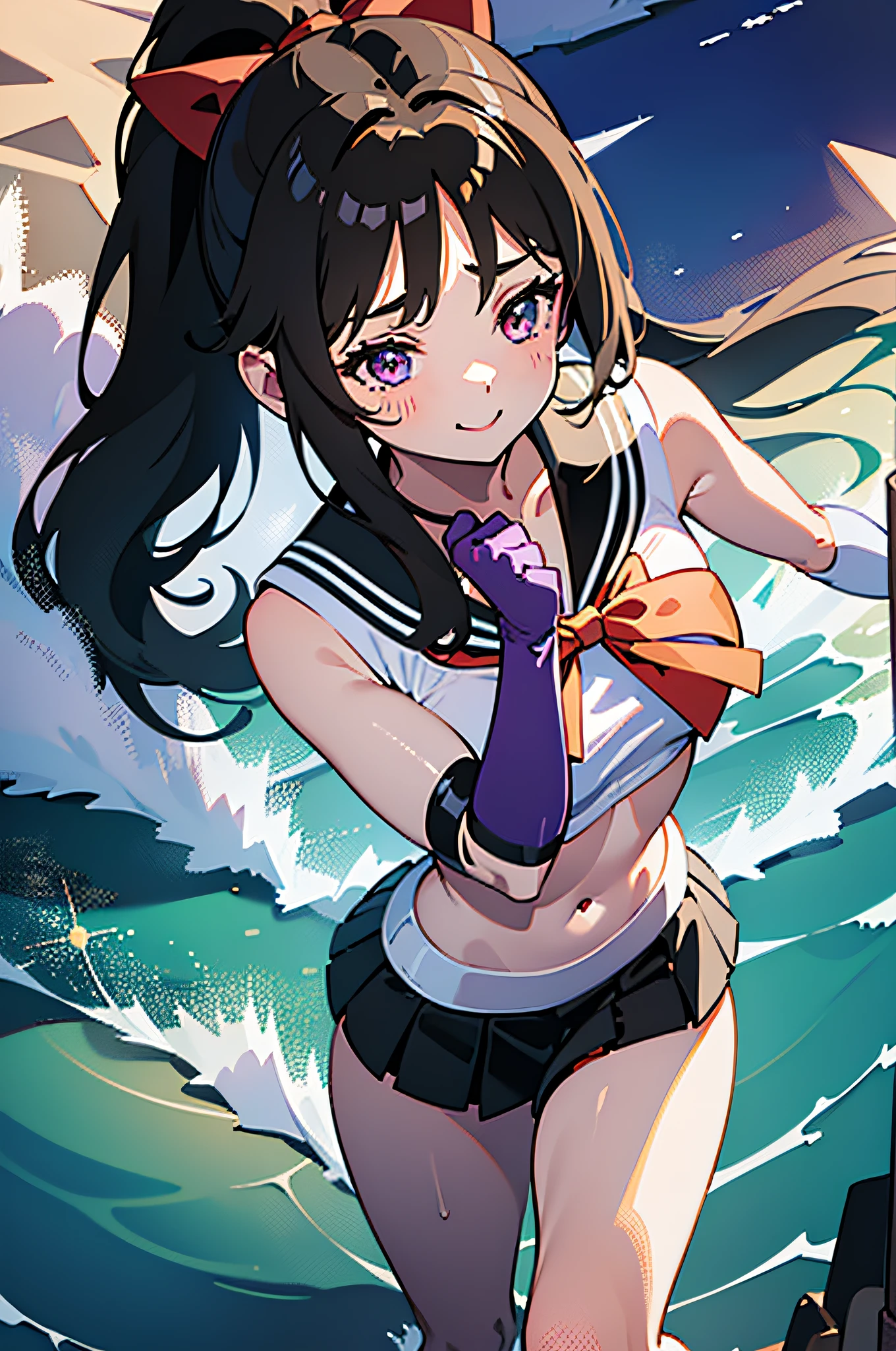 Masterpiece, Best Quality, High Resolution, 1girl, Solo, Ponytail, Green Hair, (Elbow Gloves), Headdress, Purple Bow, Tight Top, (Black Sailor Collar), White Gloves, Earrings, Smile, Pure Background, Clean Background, Purple Background, Black Skirt, (Sailor Mars Uniform), (Sailor Venus Uniform), Standing, Leng Jun, White Top, Elbow Gloves
