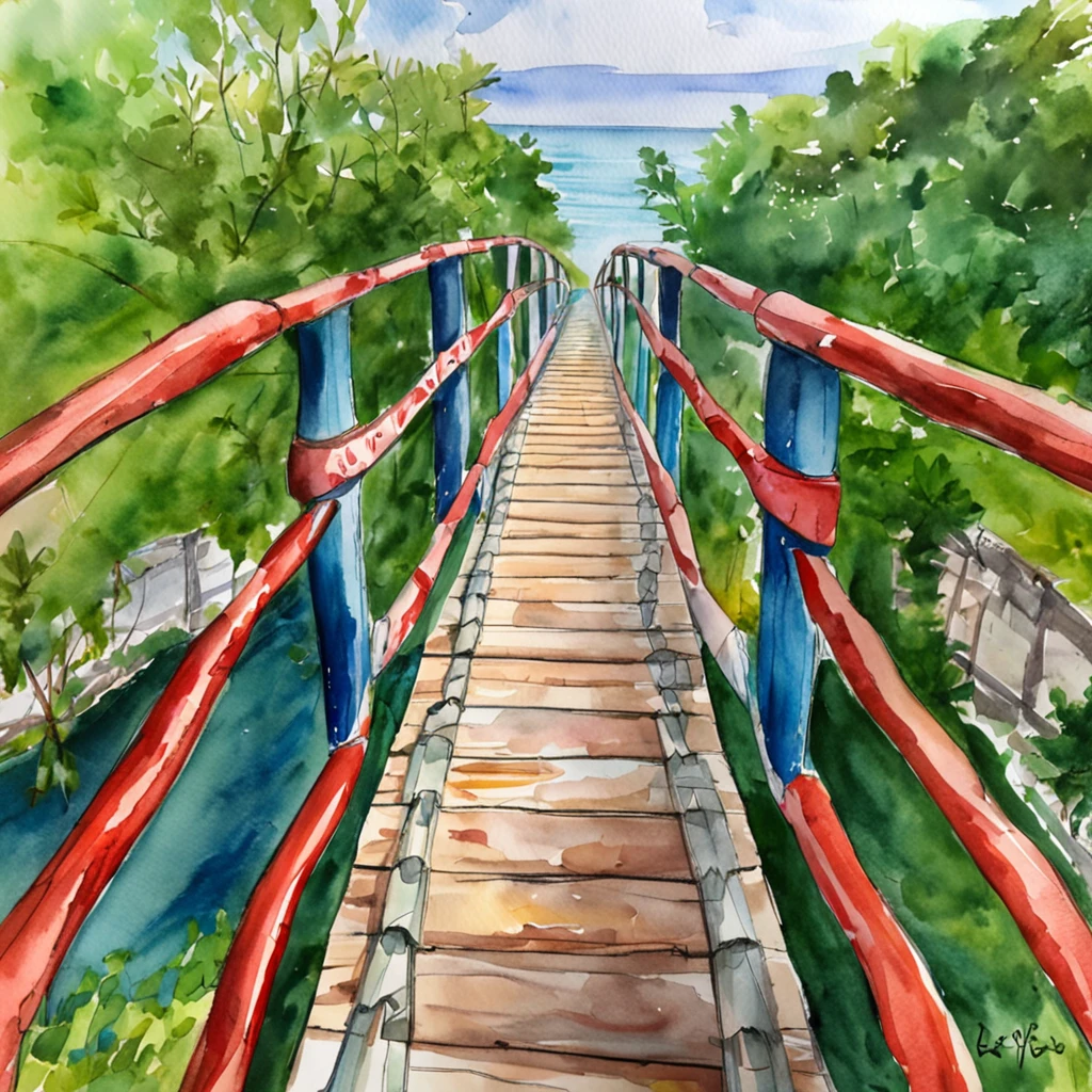 family ride a suspension bridge as if it is a slide, cables that reverse arch feature of suspension bridge, red colored bridge while surrounding blue sea, bird eye view, happyness., anime, reflection light, Wide-Angle, UHD, masterpiece, highres