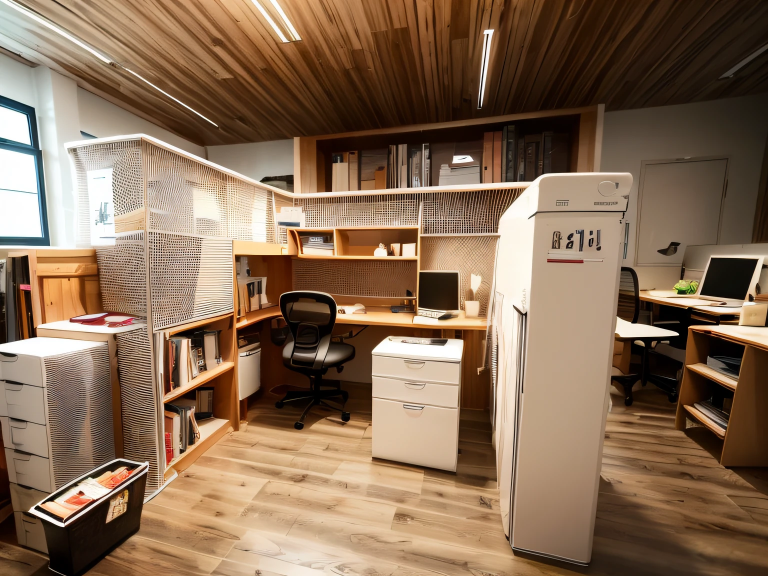 The ceiling is wood grain　Furniture should be white　The chair is a mesh type red chair for the office　Make windows white walls　Floors are hardwood