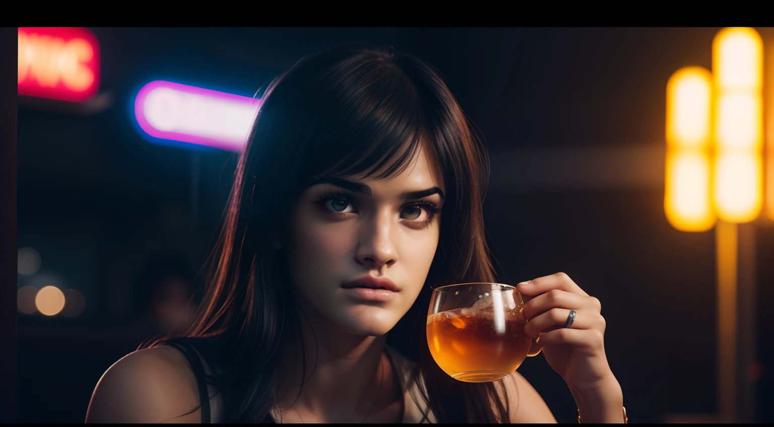 35mmstyle:1) (realistic, photorealistic: 1.37) artstyle close-up portrait photo Film still of a cyberpunk Woman (((Sofia Boutella))) from the year 2123 drinking a glass 
 of alcohol in a night club with neon lights, the people in the background out of focus, Cool, Saturated, Purple, Mystery, Science Fiction, 35mm, vintage film still, soft lighting, cinematic (((cinematic lighting))) sharp focus, depth of field, f/1. 8, 35mm, medium shot, mid shot, (centered image composition), (professionally color graded), ((bright soft diffused light)), volumetric fog, trending on Instagram, trending on Tumblr, hdr 4k, 8k