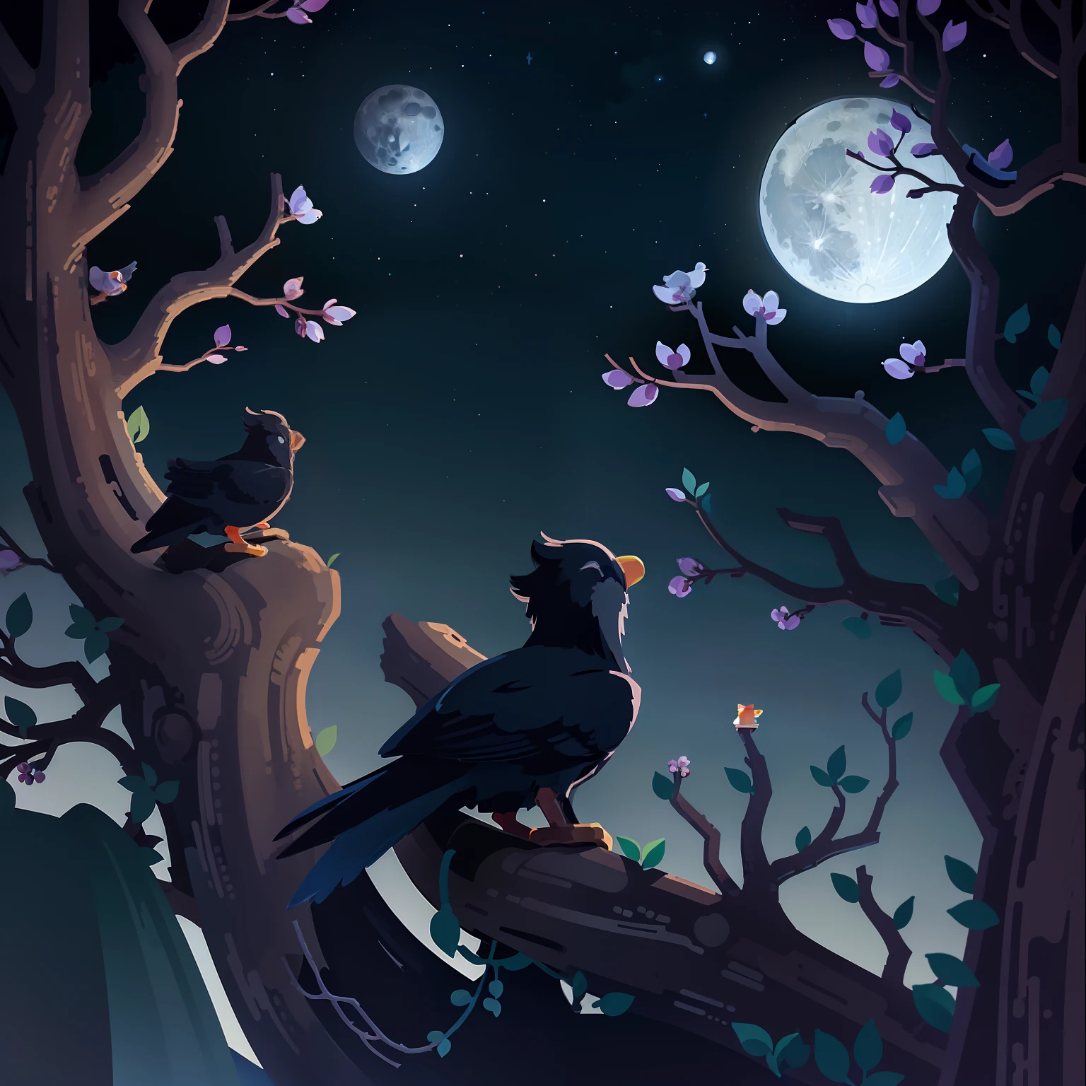 A full moon,There is a bird in the picture,And a branch。