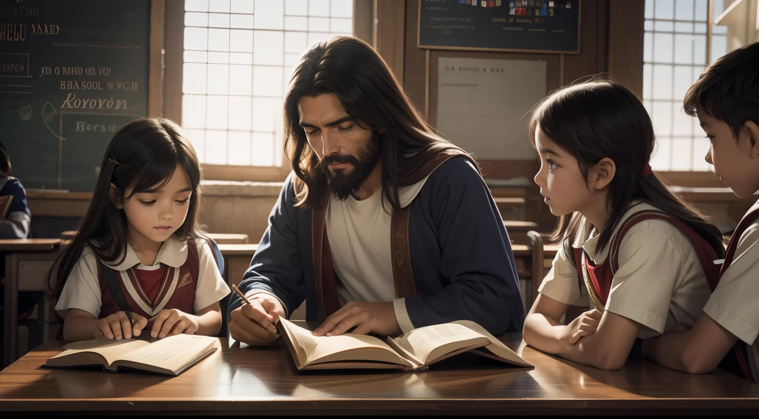 (best quality, 8k), photographic, Jesus reads a book to children. Setting: School