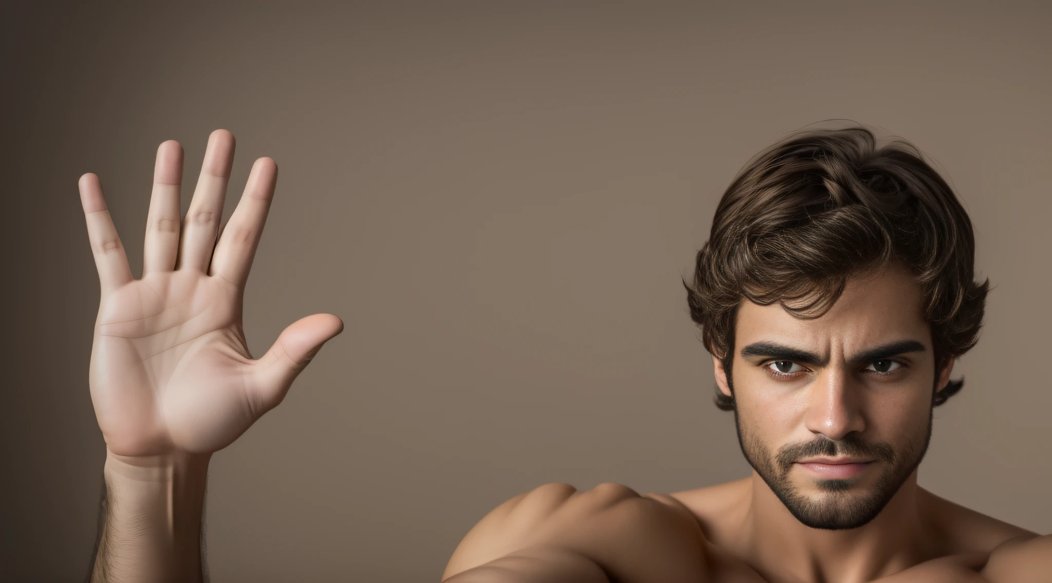 obra-prima, melhor qualidade, 1 homem, solo, parte superior do corpo, fundo realista demonios e anjos, olhos vermelhos brilhante, cara de mal, with an expression of fear, hand up, acenando, showing the palm of the hand, pare
