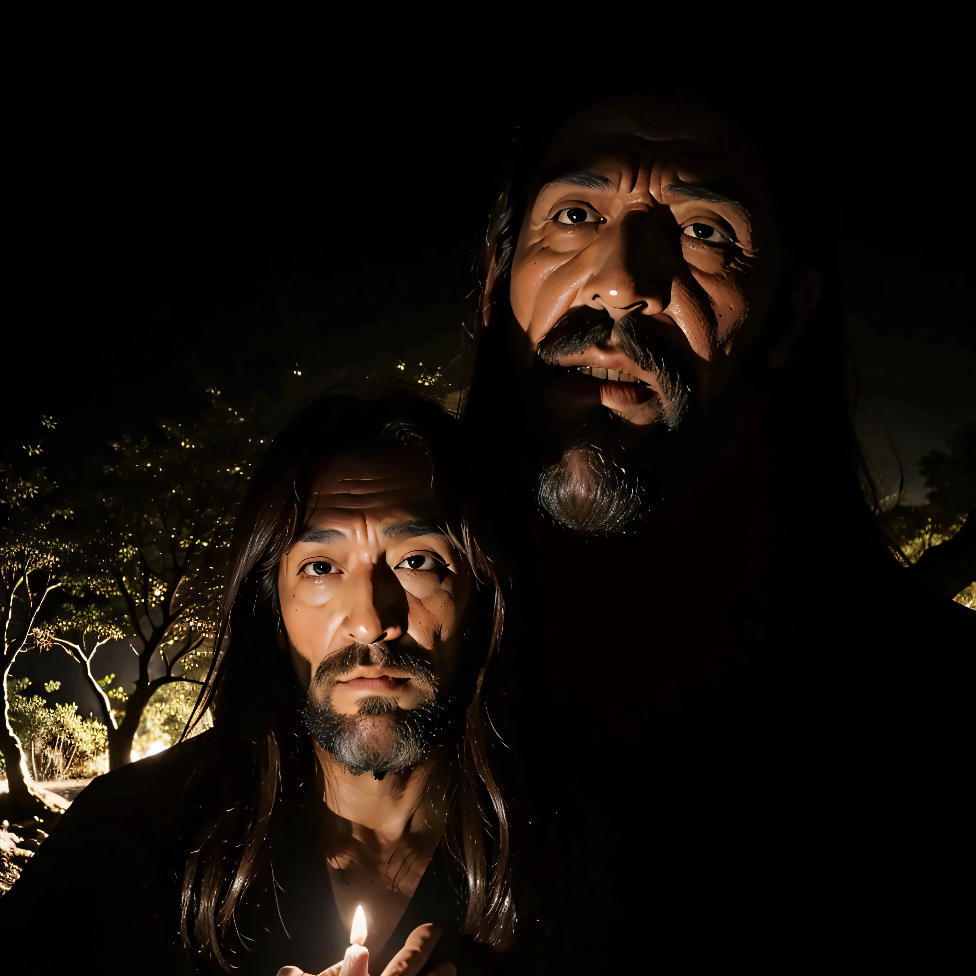 (extremadamente detallado, obra maestra, La mejor calidad, foto antigua, principios de siglo) giant man with a mask, colmillos, una linterna directa lo ilumina, bosque de noche. plano cercano. sangre por el suelo.