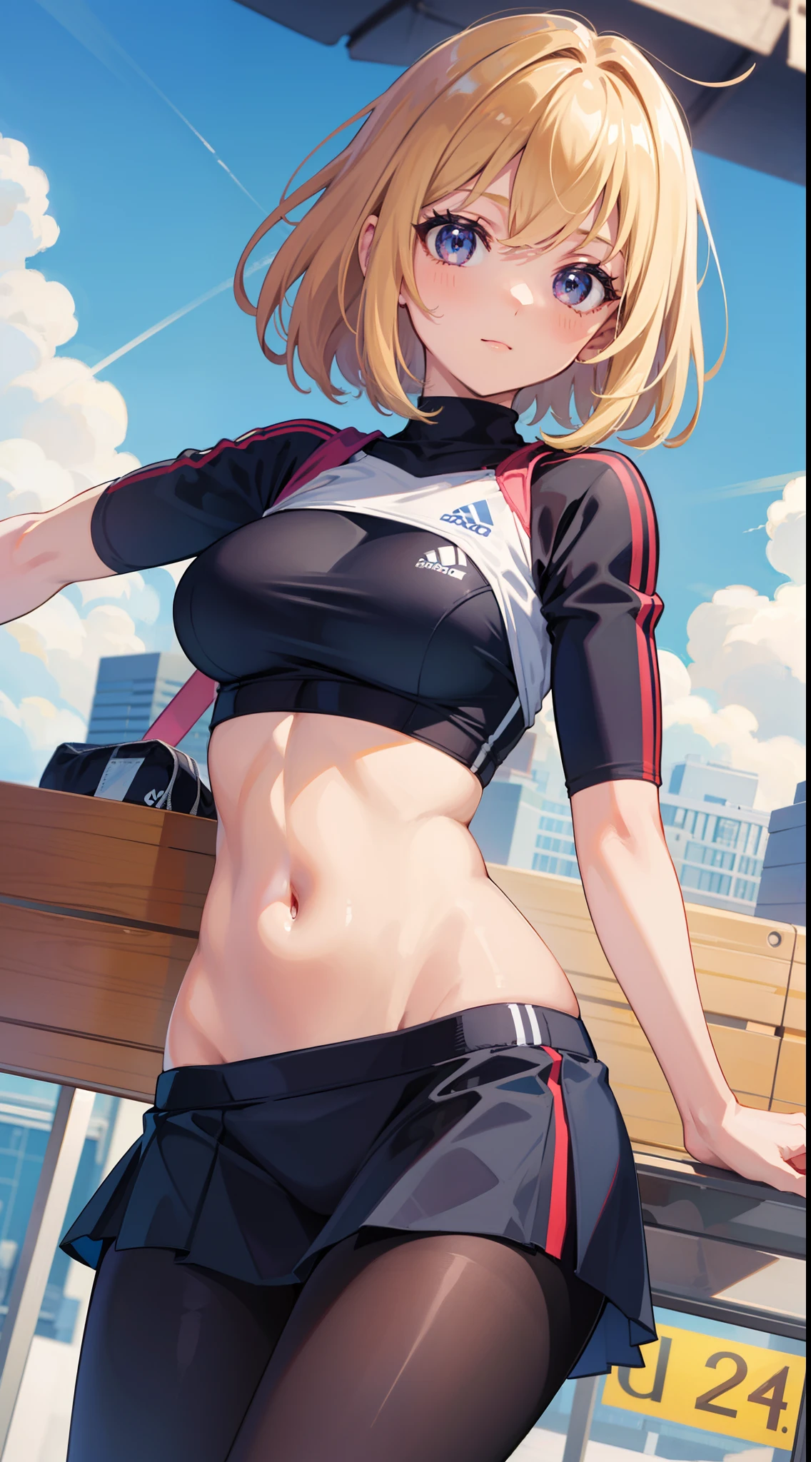 Masterpiece、high high quality、1girl in、trainingwear、A miniskirt、Navel out、yoga pose、mistic、Cute anime illustrations、