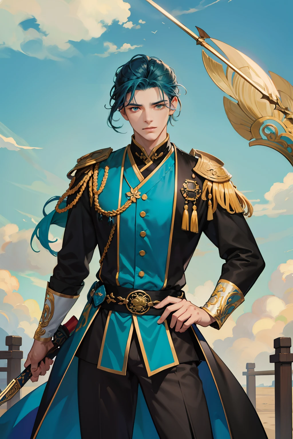 arte rica em detalhes,1homem,protagonista,Imperador imortal Zia Guo,cabelos longos,cor escuro,olhos azul turquesa,usando vestes antigas masculinas hunfa wuxia.bonito,homem determinado,forte,roupa verde com detalhes negros,olhar arrogante,corpo inteiro,standing holding a martial sword near the posts of the nine Heavens temple.