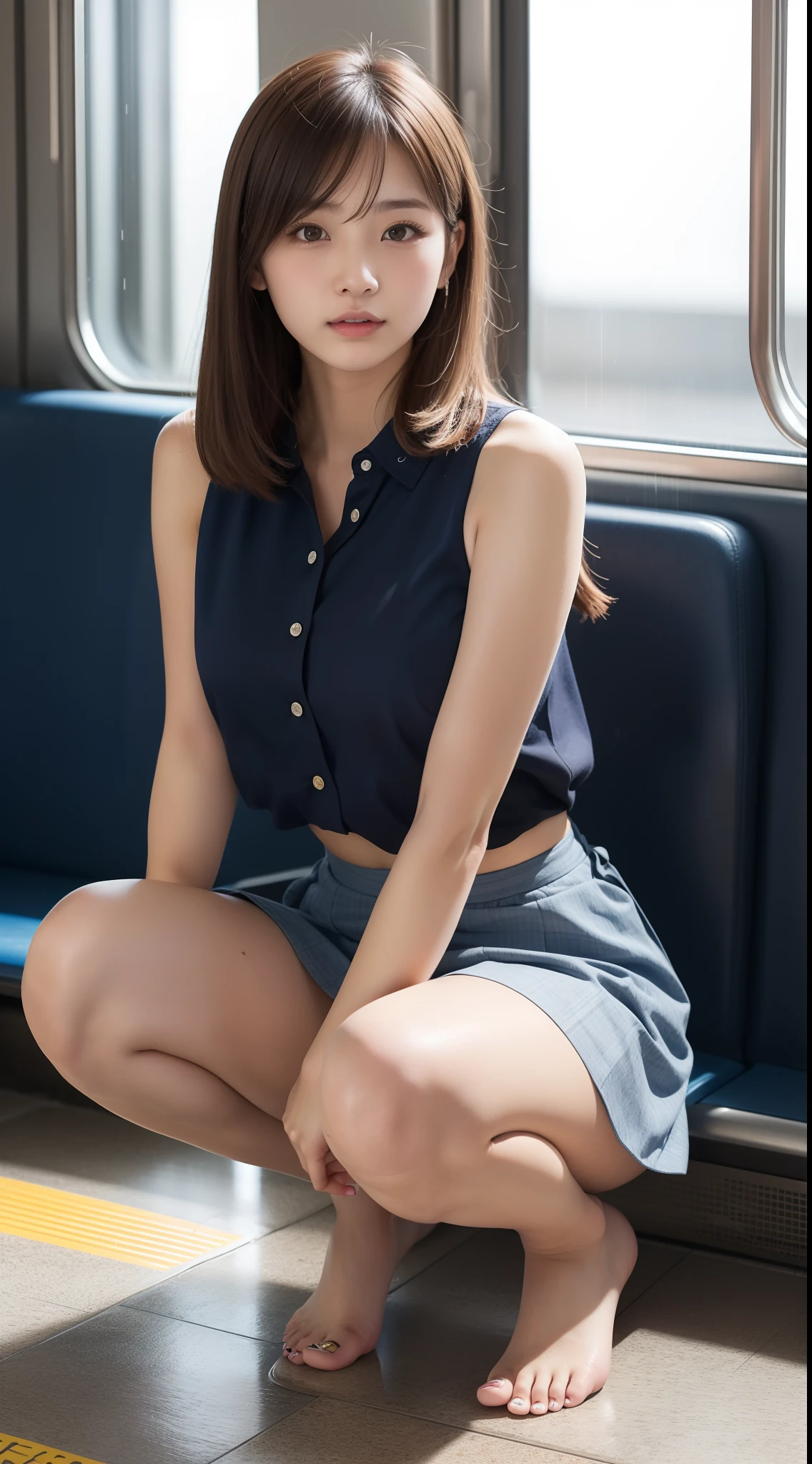 japanaese girl、a 18 year old girl、Pull Shorthair、Beautiful thighs、blondehair、squatting position with legs open、bangss、Brown-eyed、Perfect figure、Transparency、The sheen、Gloss、discreet 、student clothes、Navy blue ribbon、Light blue shirt、Navy blue skirt、Guangyue、Burning Body、hposing Gravure Idol、on train、Beautiful feet、Strong sunshine、Odious、Rain-drenched body、wet