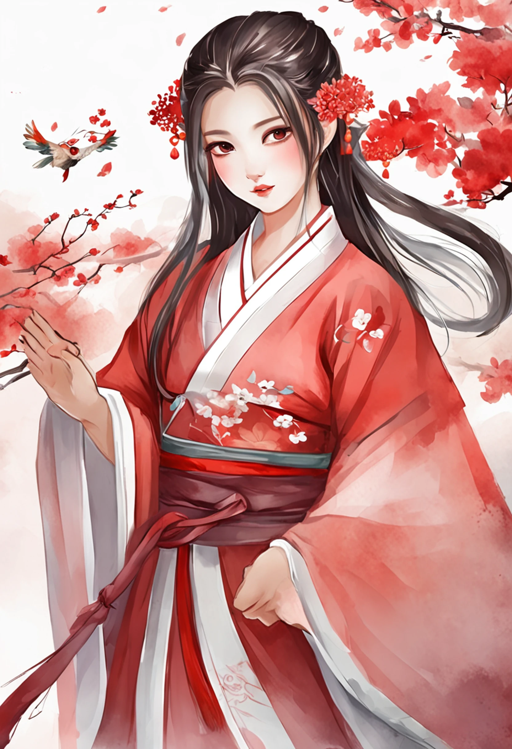 Uma bela chinesa fica alta com Hanfu, ao lado de uma graciosa raposa branca de nove caudas. Realistic, The low-angle shot, juntamente com os tons vermelhos claros e brancos usados. The girl exudes confidence and strength, while the fox emanates an aura of enchantment and mystery.