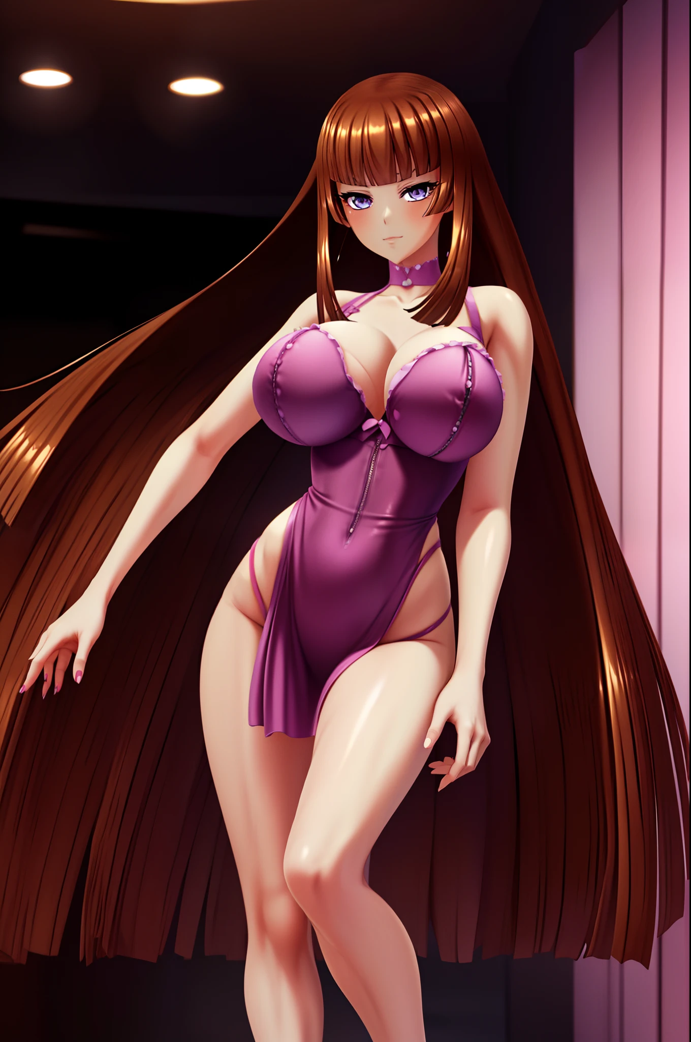 Anime girl in a purple dress with long brown hair, seductora chica de anime, Render de abril, Pelo rosa de cola doble y ojos cian, Anime CG arte suave, Render de una linda chica de anime 3D, Lindo anime waifu en un bonito vestido, biomechanical oppai, Loli en vestido, Cuerpo perfecto sombreado realista, Chica anime 3D