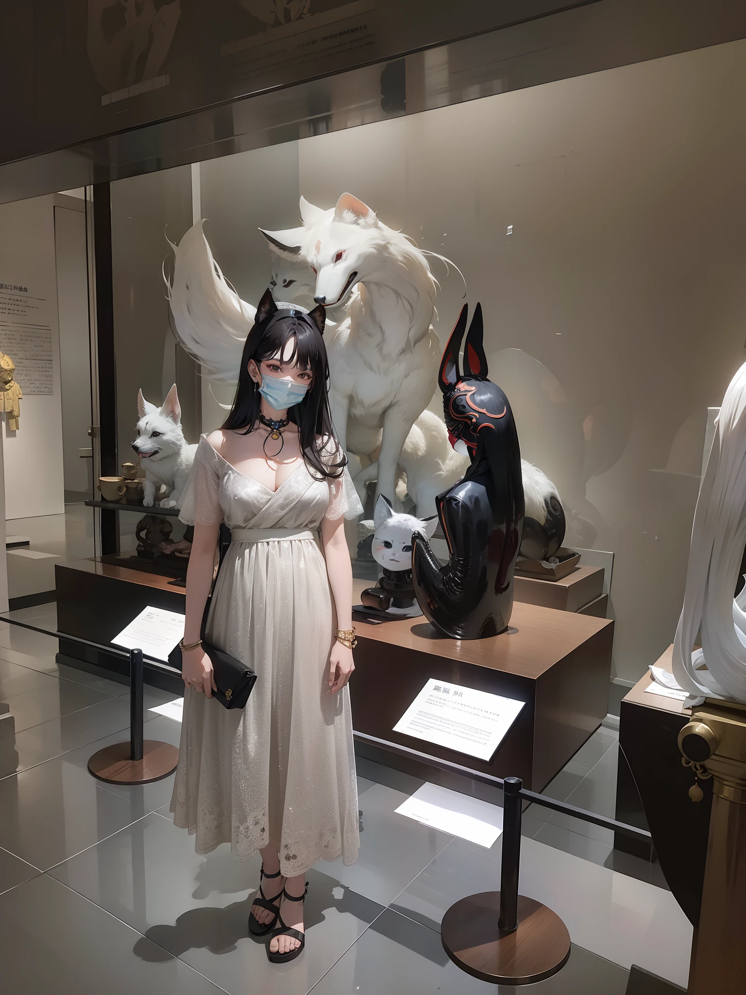there is a woman wearing a mask standing in a museum, in the museum, like in museum, at the museum, at a museum, in a museum, with dong son bronze artifacts, in a museum room, museum photoshot, with kitsune mask, with a figure in the background, in an art gallery], wearing wooden mask, museum background