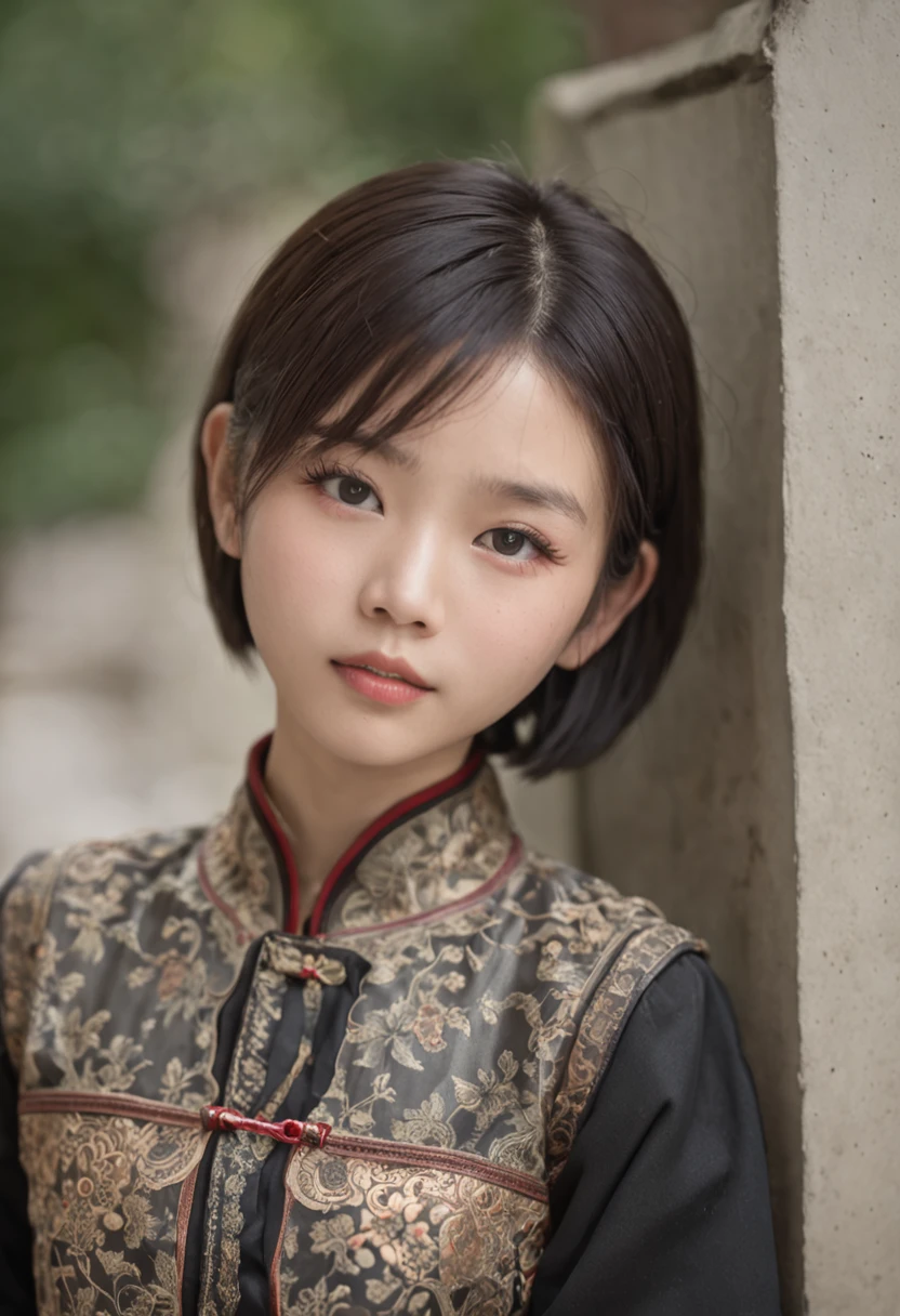 Chinese boy wearing only a short skirt,adolable,White and tender,short detailed hair