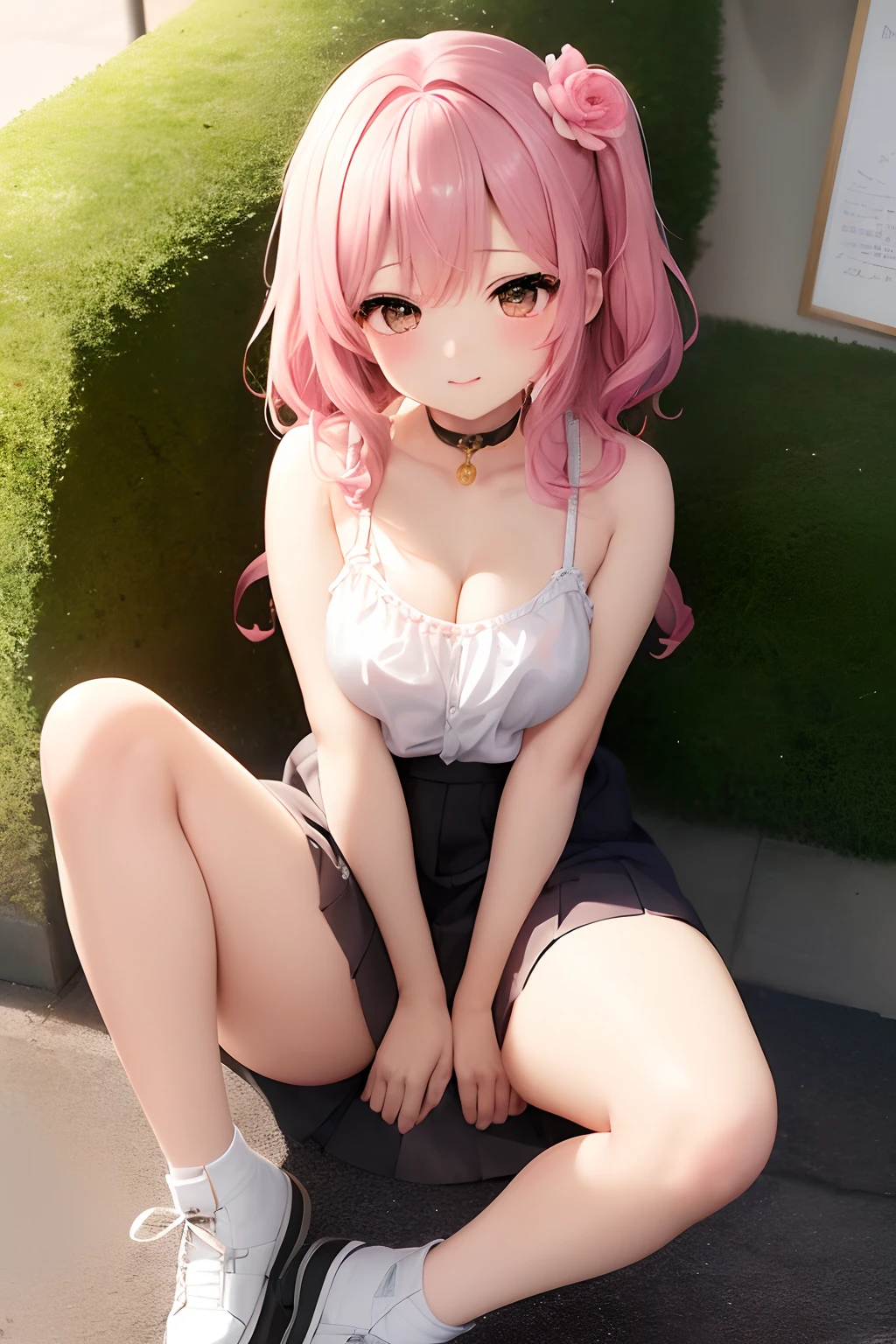 ((SD Art、cute little、Chibi Character))、masterpiece、hight resolution、the detail、真实感、Best Quality、1girl in、beauitful face、22year old、Floral hair ornament、Colorful medium hair、embarrassing smile、Fluffy breast、cleavage、No panties、Buttocks sticking out of the skirt,、lovely thighs、Innocent、agitation、Romantic view、sitting and spreading her legs、