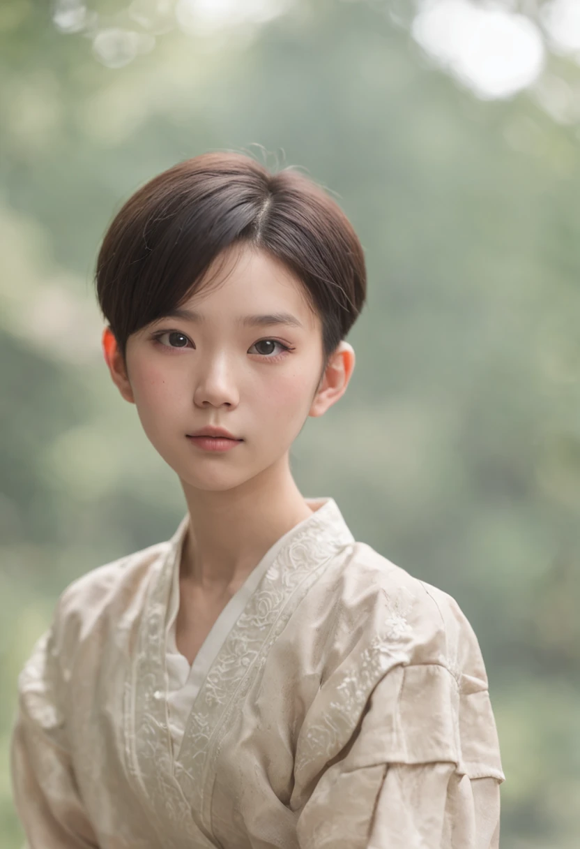 14-year-old Chinese boy wearing only a short skirt,adolable,White and tender,short detailed hair