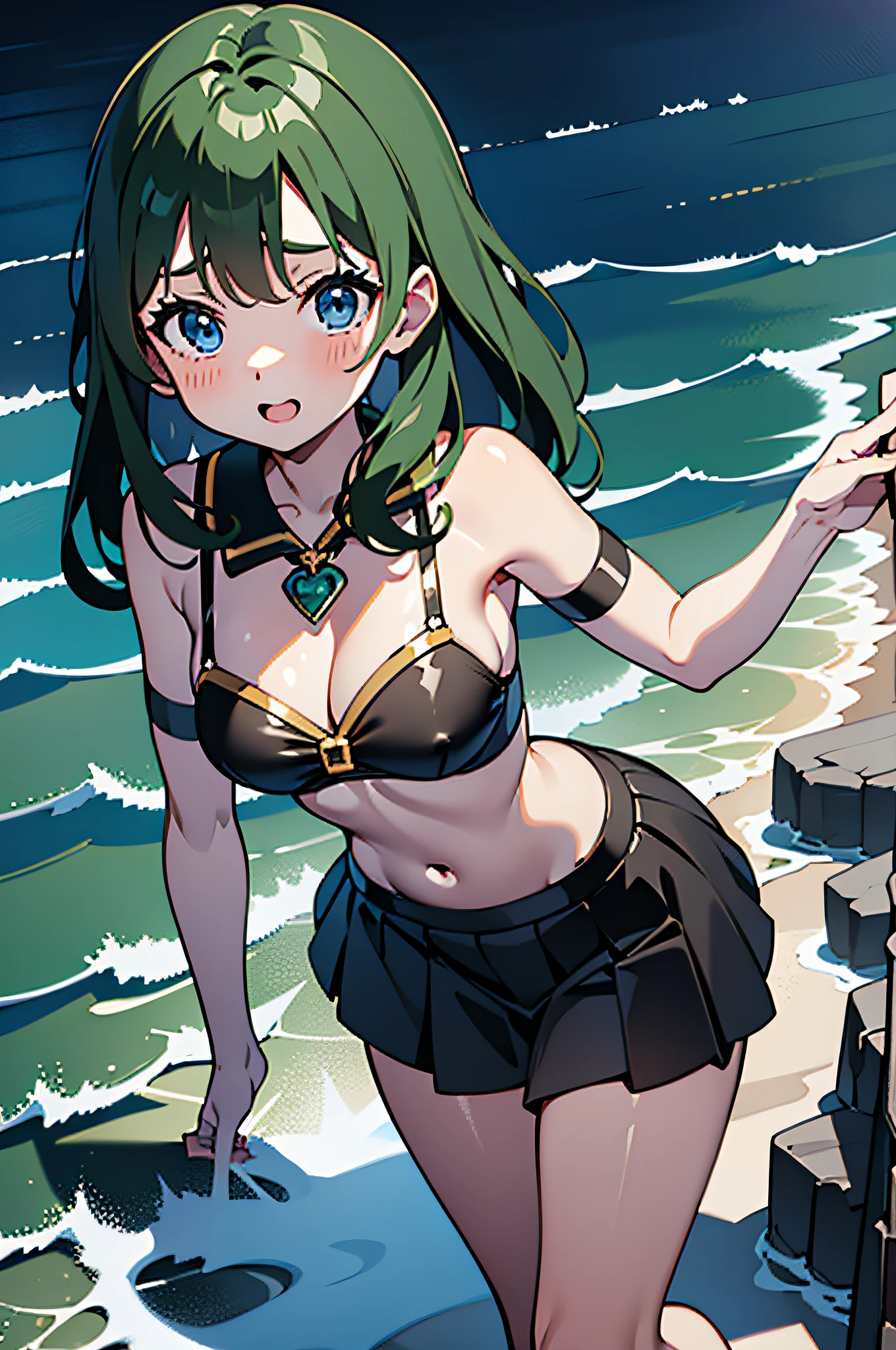 closeup cleavage, 1girll, Sailor Neptune(That's the point), (Sailor Senshi Uniform:1.2), (light blue eyes:0.9), Dark green hair, Medium Hair, wedge skirt, best qualtiy, 耳Nipple Ring, tmasterpiece, hight resolution, intricate-detail, (Realistis), photography of, (White elbow gloves:1.1), jewely, medium breasts, full body Esbian, dynamic background, dynamicposes,black lence stockings(That's the point)