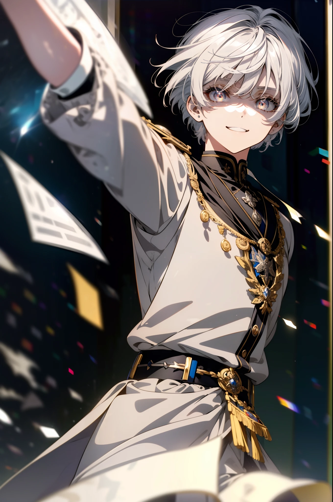 solo, ((anime boy with white hair)), ((extremely detailed silver eyes)), (bangs), (cool), (confident smile), (((in traditional black school uniform))), ((classroom in background)), ((high quality)), (((extreme detail)))