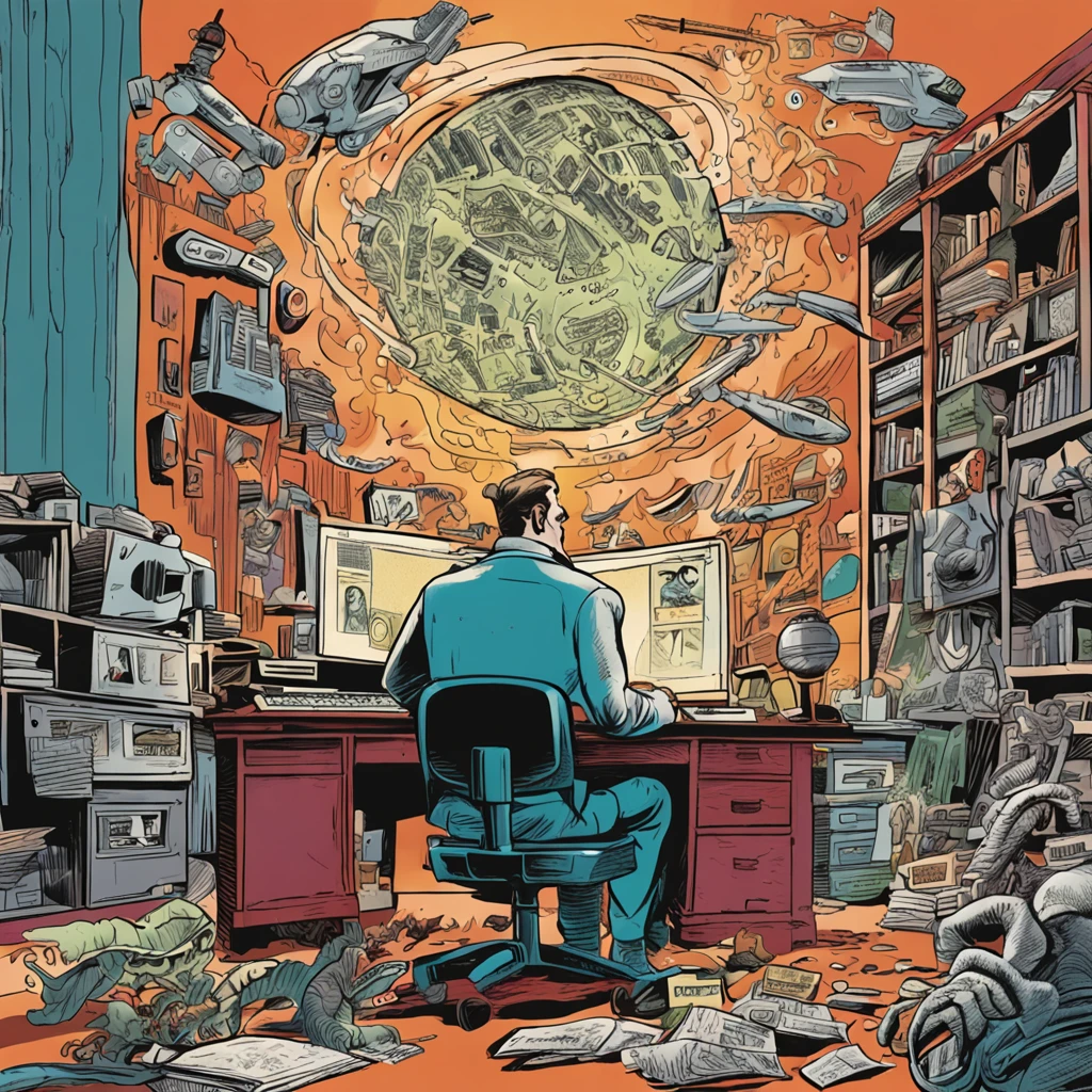 Alex accidentally finds the Pegasus laptop, a legendary device believed to have magical powers in words, comic book illustration by jack kirby