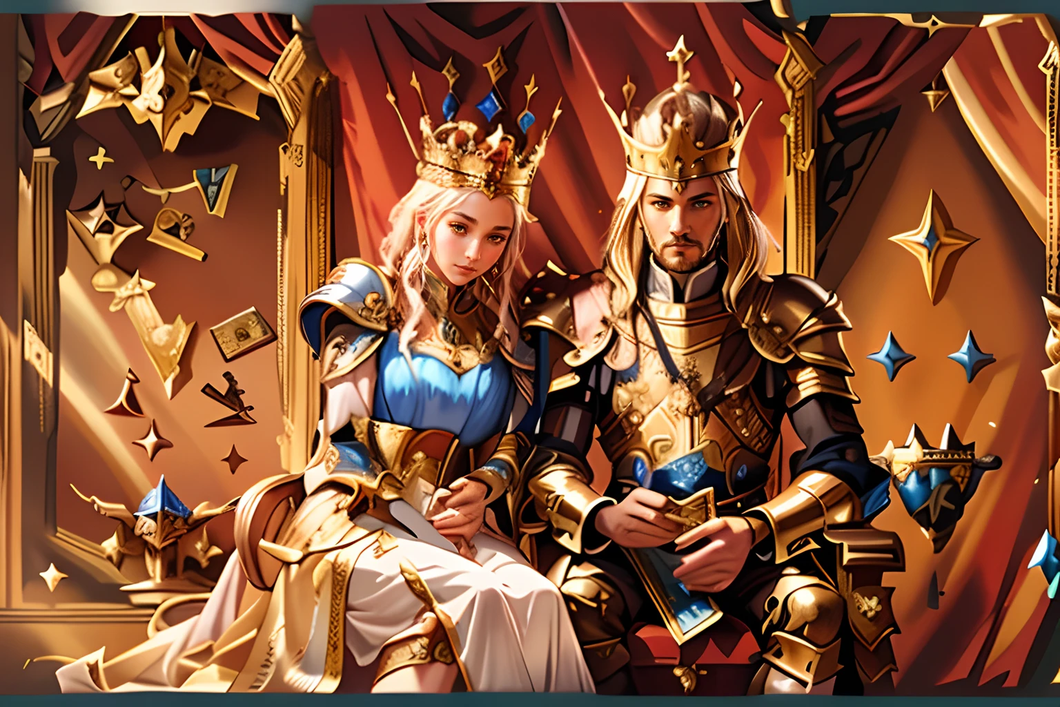 arafed image of a couple of people dressed in armor, epic fantasty card game art, fantasy card game art, fantasy art behance, game of throne art, epic fantasy card game art, medieval fantasy art, knight and princess, medieval fantasy game art, fantasy medieval, medieval fantasy illustration, detailed fantasy art, card game illustration