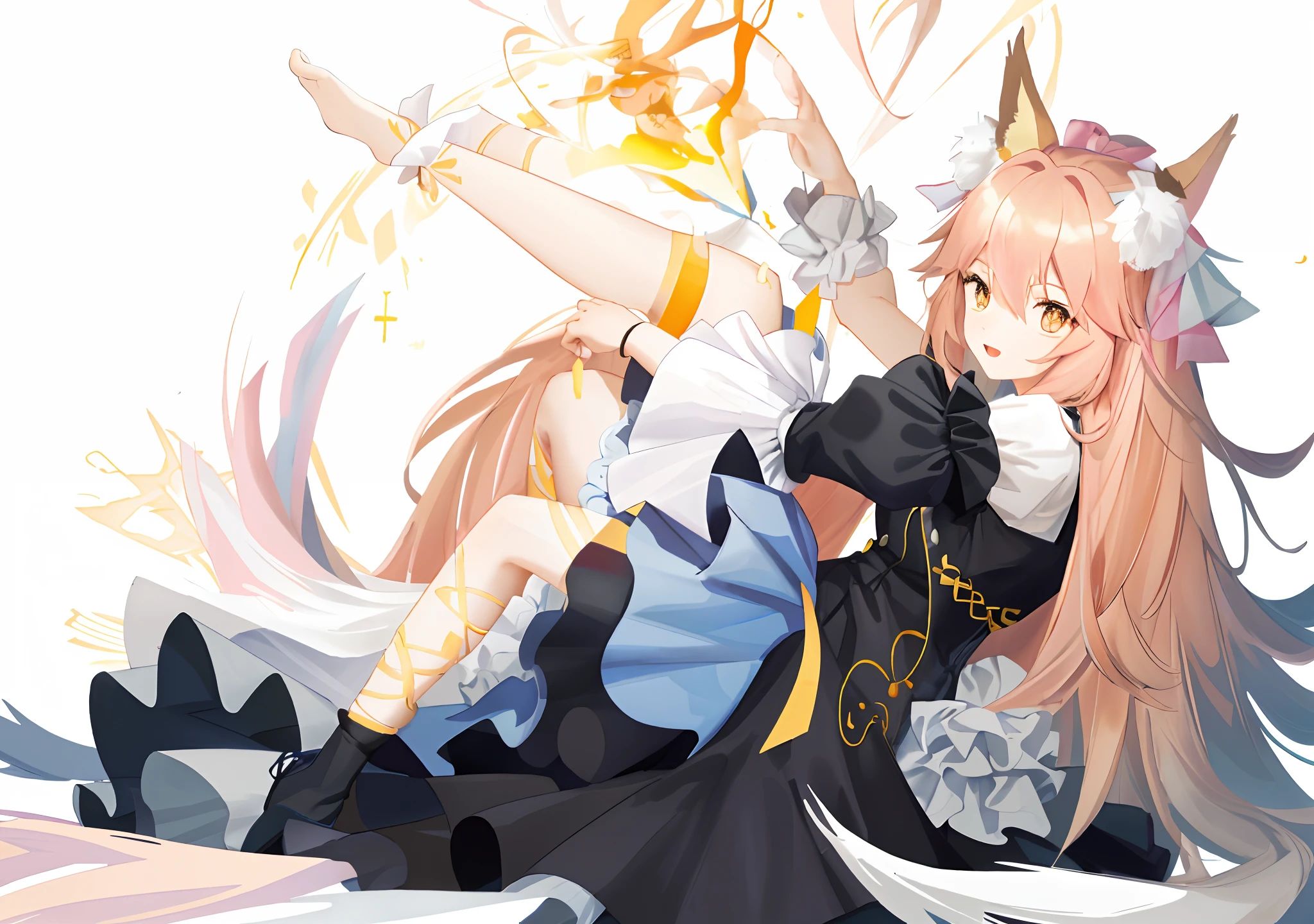 long whitr hair，Long blue dress，Wear a black and blue fluffy skirt，It has yellow fox ears，A pink-haired，Orange pupils，Wear knee-length black stockings，This is a cute fox girl，Sit Pose，Holding the big fox，Masterpiece, Best quality, offcial art, illustration, absurderes, Official, 1girll, :D, (Tamamo_No_Plum Blossom_\(f in e/Extra\), caster), Animal_hor ears, forest, Bare_bshoulders, Blue_bow, Blue_legwear, Blue_ribbon, bow, day, Detached_Sleeves, forest, Fox_hor ears, Fox_Girl, Fox_Tail, Grass, Hair_bow, Hair_ribbon, (Large breasts:1.3), (Wide hips:1.2), (Thick thighs), Curvy, Very long double tail, Looking_at_peeping at the viewer, Nature, Neck_bell, inside in room, Pink_Hair, ribbon, Solo, Tail, Yellow_Eyes