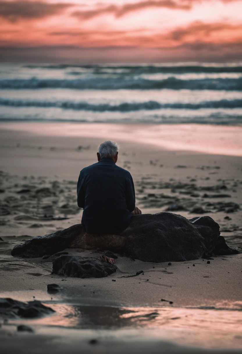 um homem de 70 anos assentado na praia olhando o por do sol