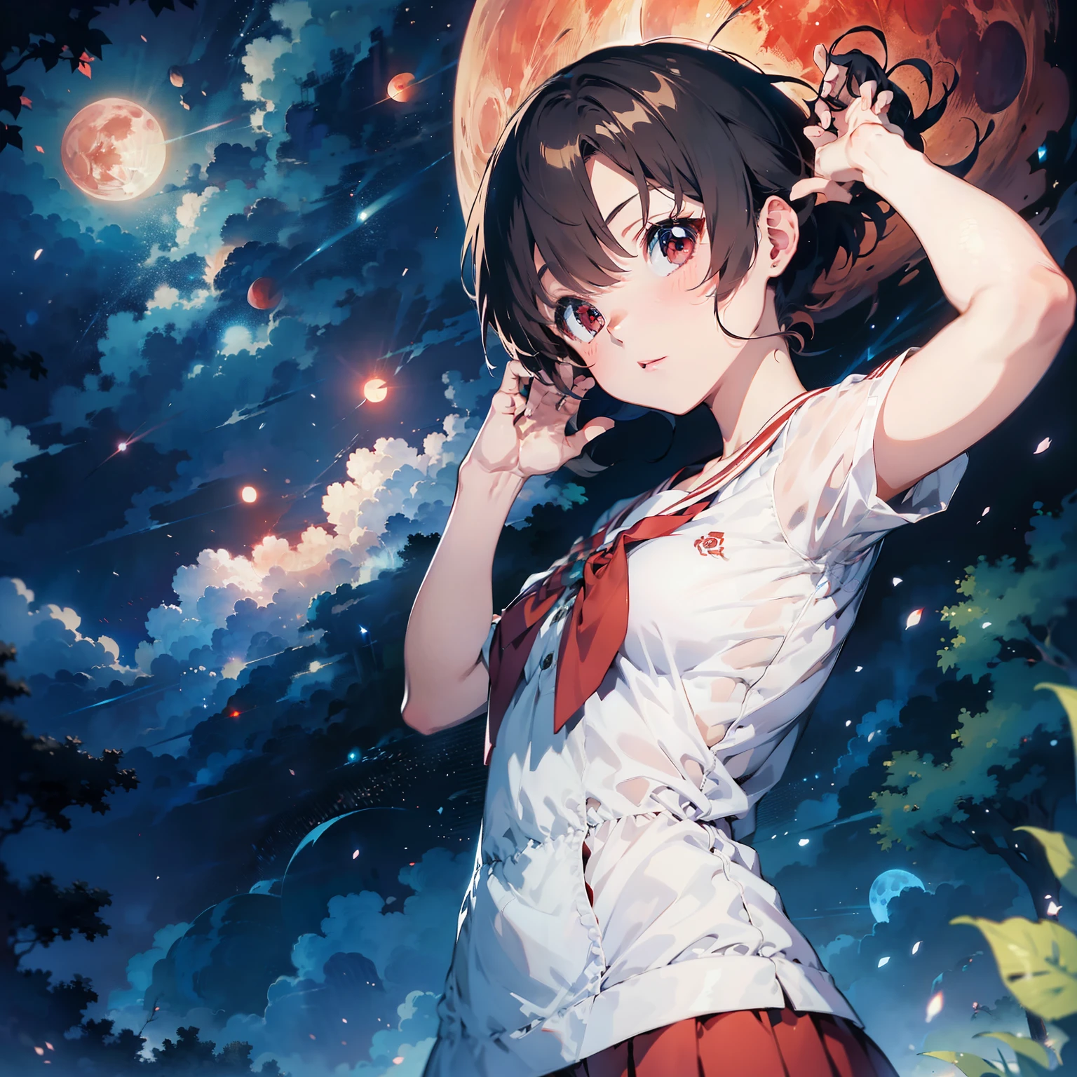 masterpiece, high quality, best detail, japanese anime illustration, a beautihul woman with light blue short hair and red eyes wearing uniform, random pose, (background:big red moon)