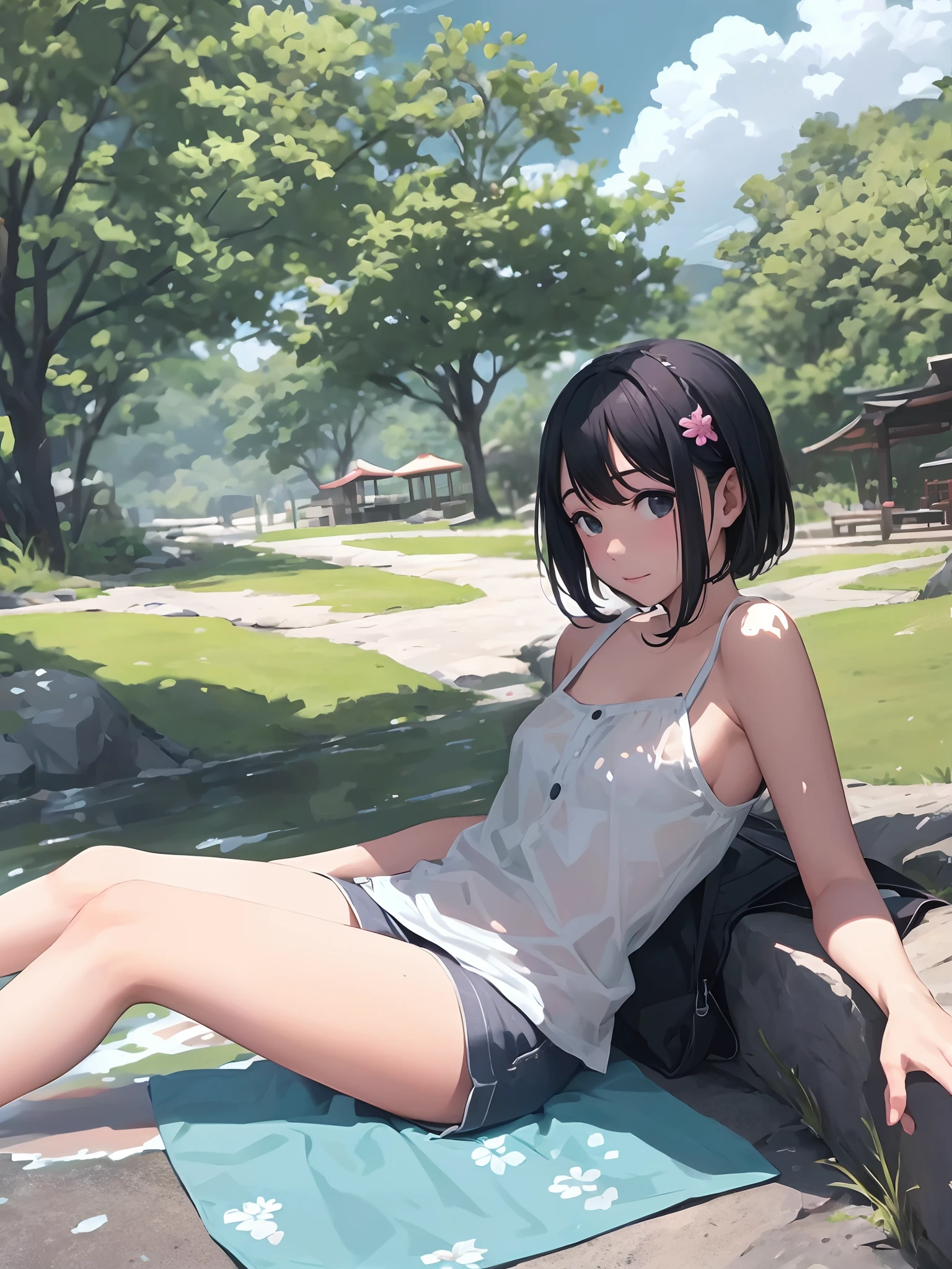 Master Price,highest quality,Perfect body,One girl,alone,nsfw,Browsing Caution,all nude,sitting,Sitting on a rock,spread legs,arms behyind back,looking at the camera