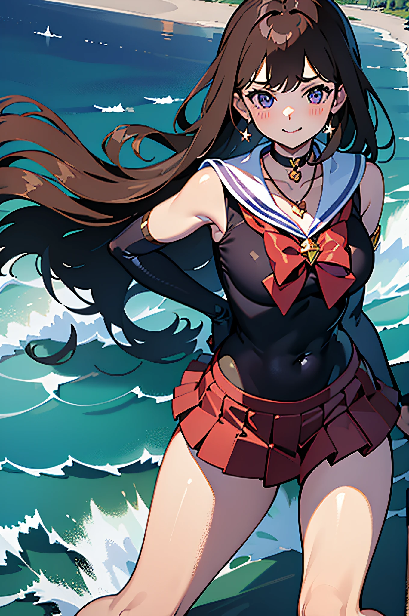 DRAGON BALL,kamehame_wave,kamehameha_kamehame_ha,tone,/(kantai_collection/),(((Having fun splashing around in the water at the beach))),in uniform,twintail_hair,closed_one_eye