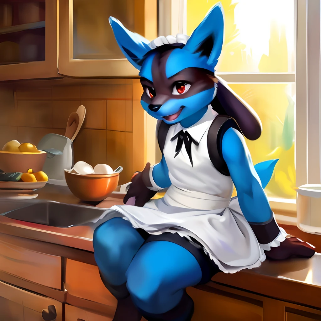 8k, ((masterpiece)),best quality, (max quality),high resolution,high details,max details,(detailed Chunie lighting),detailed face, detailed clear eyes and pupils,lucario, (sits on the table with legs dangling), maid uniform,kitchen,by Chunie, by smitty g,by pino daeni,by personalami