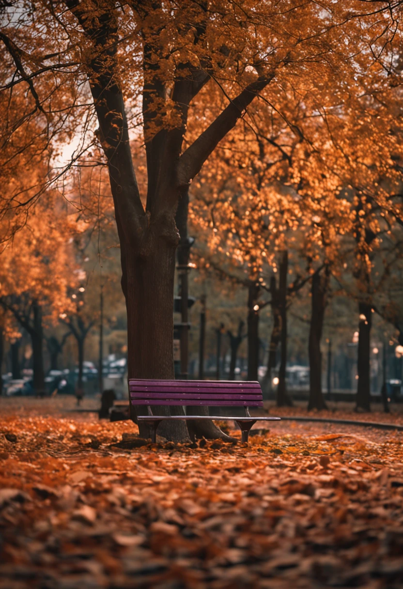 A man sitting alone on a worn-out park bench, olhar distante e vazio, surrounded by autumnal trees with fallen leaves on the ground, the twilight painting the sky in shades of orange and purple, a gentle breeze carrying the feeling of melancholy, Fotografia, lente 50mm f/1.8 for a sharp focus on man, fundo ligeiramente desfocado, --ar 1:1 --v 5