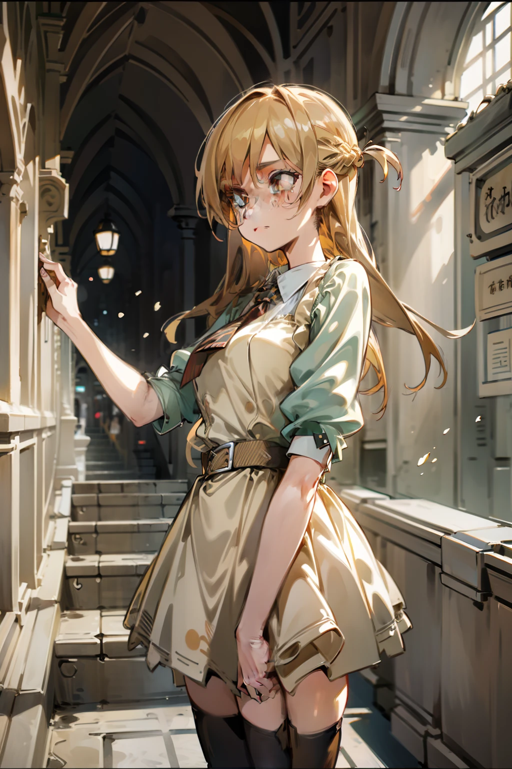 Girl with blonde hair and freckles,Girl standing in town,1girl,Blonde hair,Side tail,offcial art,8k,ultra-detailliert,Beautiful and aesthetic,masutepiece,top-quality,dynamic ungle,cowboyshot,Timosto beautiful Formo of Chaos,Elegant,Abularist design,vivd colour,romanticism,watercolor,Diandl, fantasy,