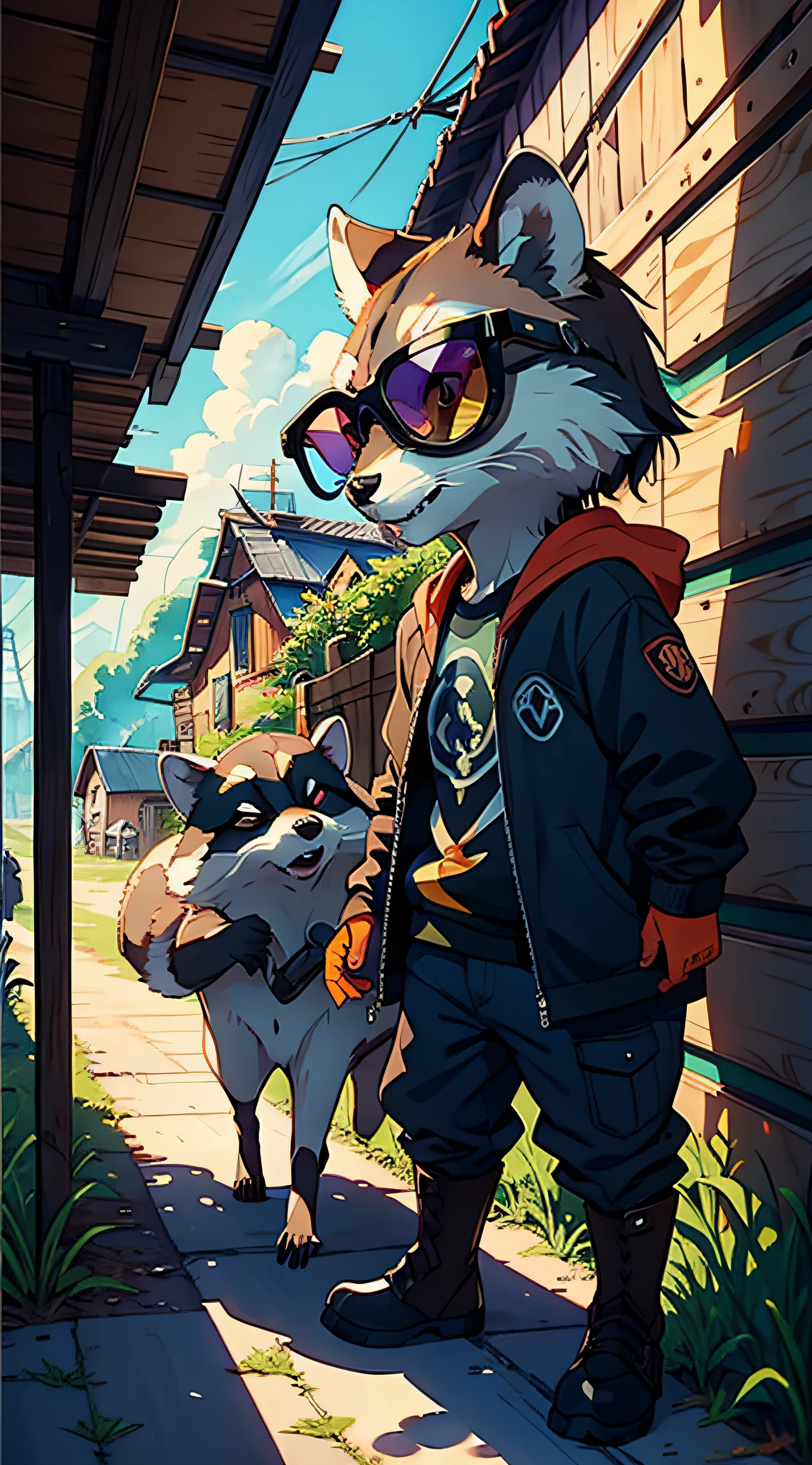 Racoon, thief, sunglass, farms, watercolors paint, vivid colors