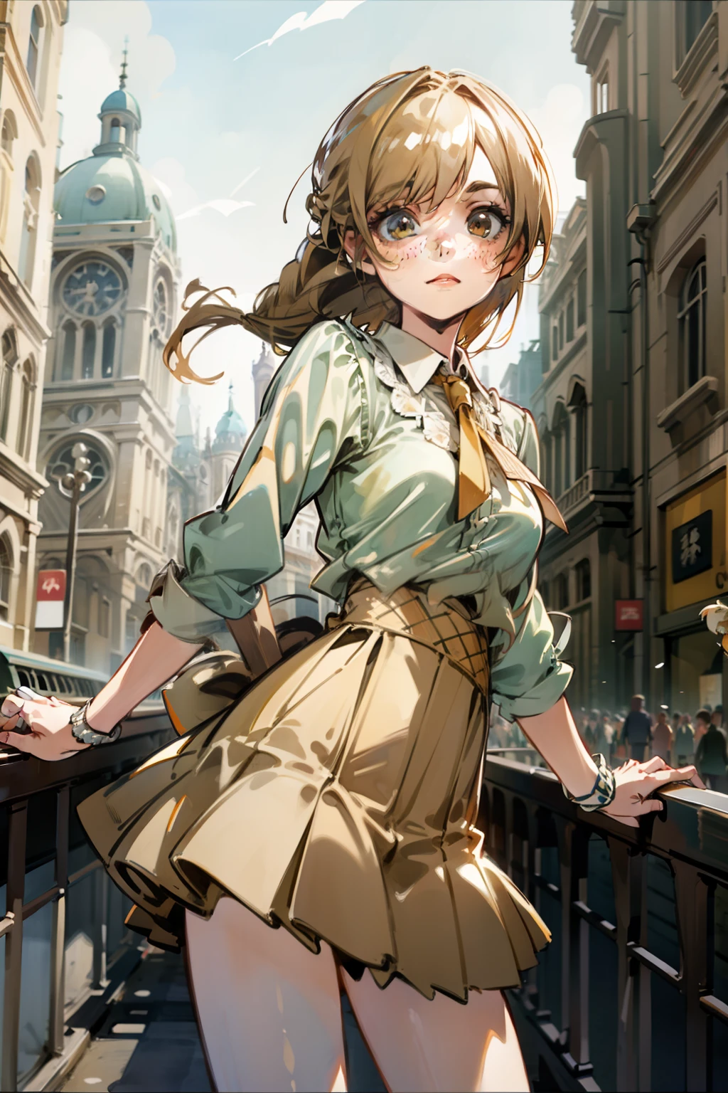 Girl with blonde hair and freckles,Girl standing in town,1girl,Blonde hair,Side tail,offcial art,8k,ultra-detailliert,Beautiful and aesthetic,masutepiece,top-quality,dynamic ungle,cowboyshot,Timosto beautiful Formo of Chaos,Elegant,Abularist design,vivd colour,romanticism,watercolor,Diandl, fantasy,