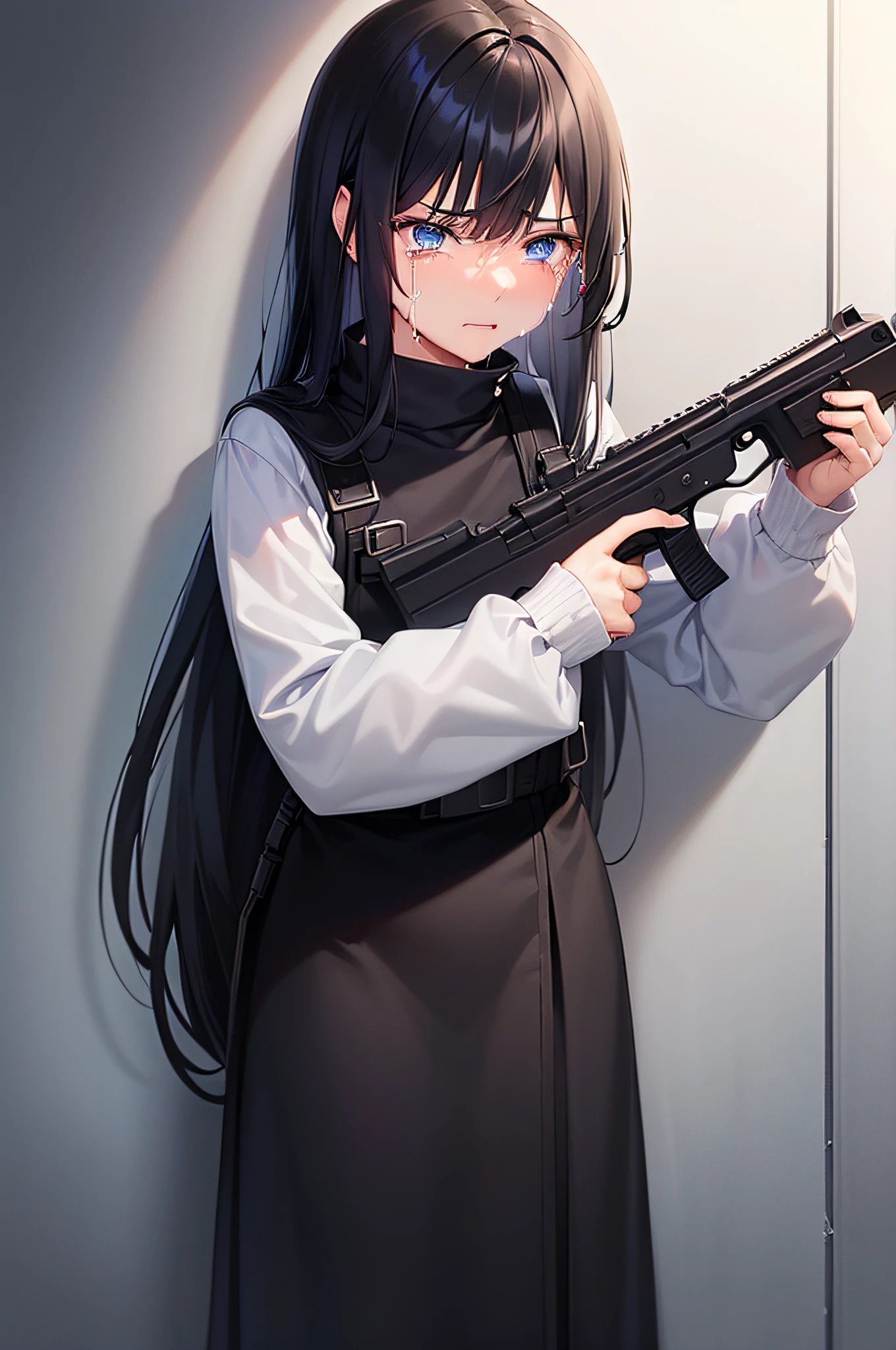 1girl in, Black hair, Long hair, ((gun)), Blue eyes, (((lean against the wall))), (((Crying)))