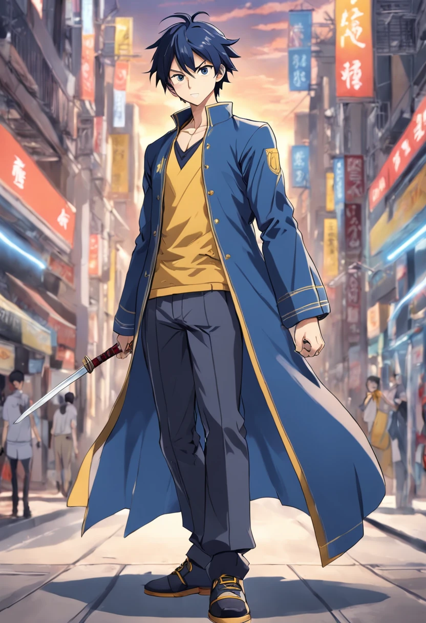 (em estilo model sheet e yusuke murata) crie um personagem com roupas no gotejar, Magic Style UsAnode Sword Art, (he is a man, tem longos cabelos vermelhos alarAnojados no meio da costa, Ano "x"-shaped mark on his yellow eye and an athletic stature, its height is 1,90m. Ele usa roupas no "gotejar" Estilo, usAnode a thin and stylish pants, Long brAnoca social shirt with buttons, Dark blue almost black social shoe and a blue overcoat with yellow bands on the arms .), ( Ela tem 16 Anoos), (expression of superiority). ( Homem alto), (cabelo longo), (muscular athletic body).