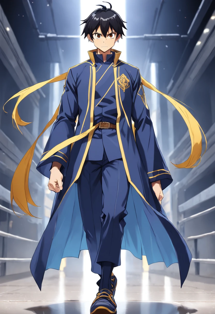 (em estilo model sheet e yusuke murata) crie um personagem com roupas no gotejar, Magic Style UsAnode Sword Art, (he is a man, tem longos cabelos vermelhos alarAnojados no meio da costa, Ano "x"-shaped mark on his yellow eye and an athletic stature, its height is 1,90m. Ele usa roupas no "gotejar" Estilo, usAnode a thin and stylish pants, Long brAnoca social shirt with buttons, Dark blue almost black social shoe and a blue overcoat with yellow bands on the arms .), ( Ela tem 16 Anoos), (expression of superiority). ( Homem alto), (cabelo longo), (muscular athletic body).