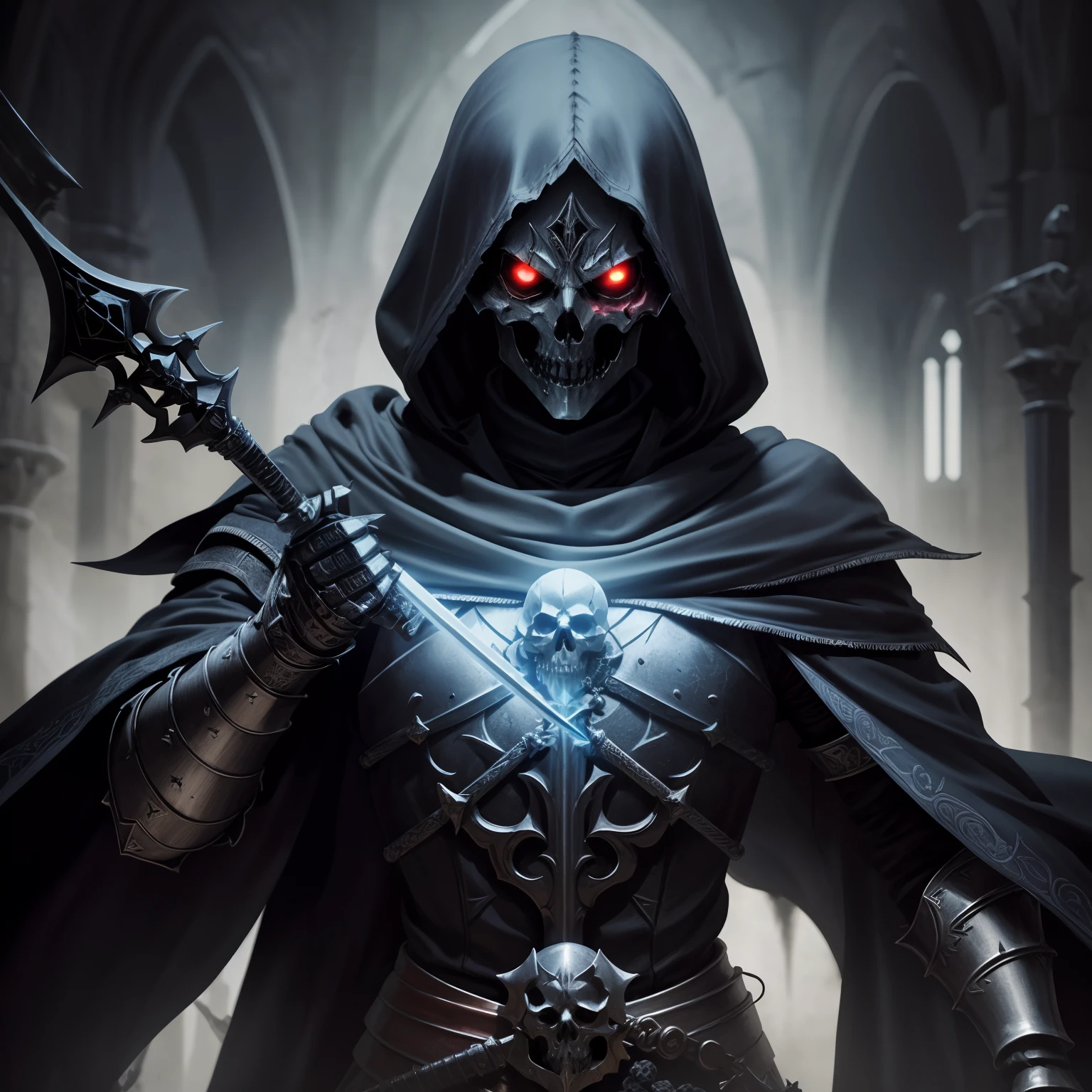 Image of a demonic knight with a glowing skull and a sword, d & d Ish, undead lich, Retrato do Necromante, Ish, necromante de capa escura, Retrato de um necromante sagrado, necromante, the harbringer of death, Retrato de um necromante